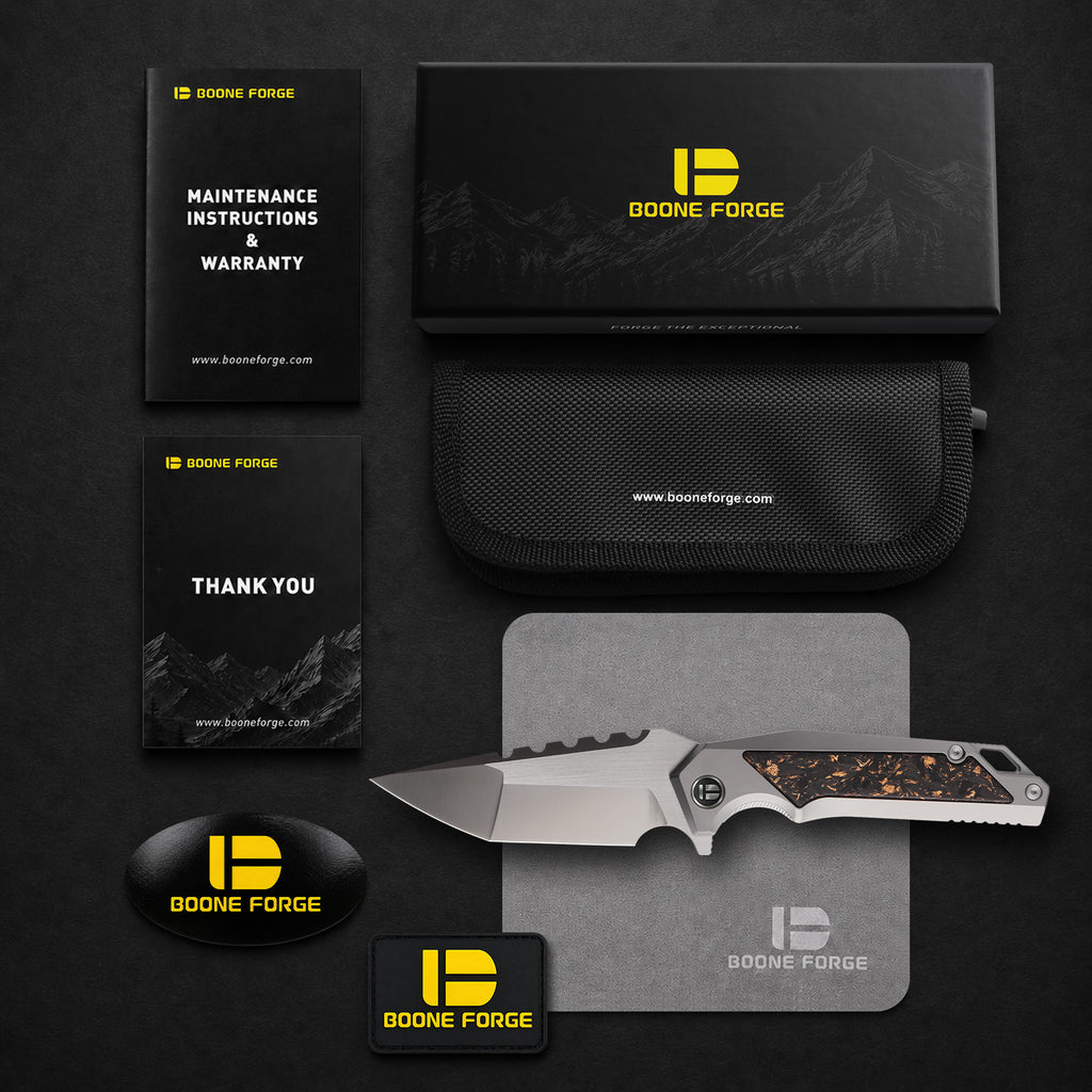 BOONEFORGE Hellfire Premium EDC Fliper & Thumb Stud knife( 3.7'' Satin BÖHLER M390 Blade & Grey TC4 Titanium/Carbon Fiber Handle ) - BF055