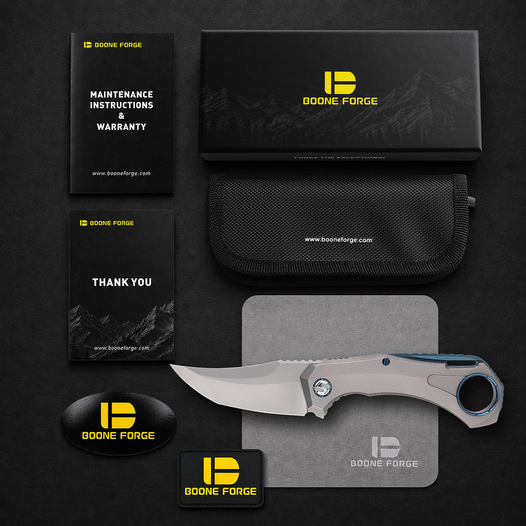 BOONEFORGE Stormwrath Premium EDC Flipper knife ( 3.49'' Bead Blasted BÖHLER M390 Blade & Grey TC4 Titanium Handle ) - BF071