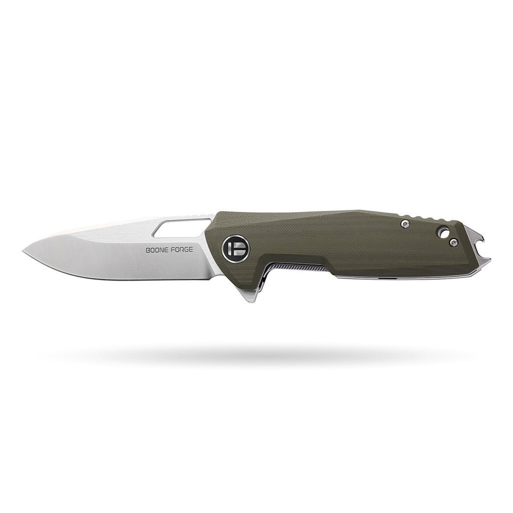 BOONEFORGE Berserker Premium EDC Flipper & Thumb hole knife( 3.07'' Satin 14C28N Blade & Army green G10 Handle ) - BF072