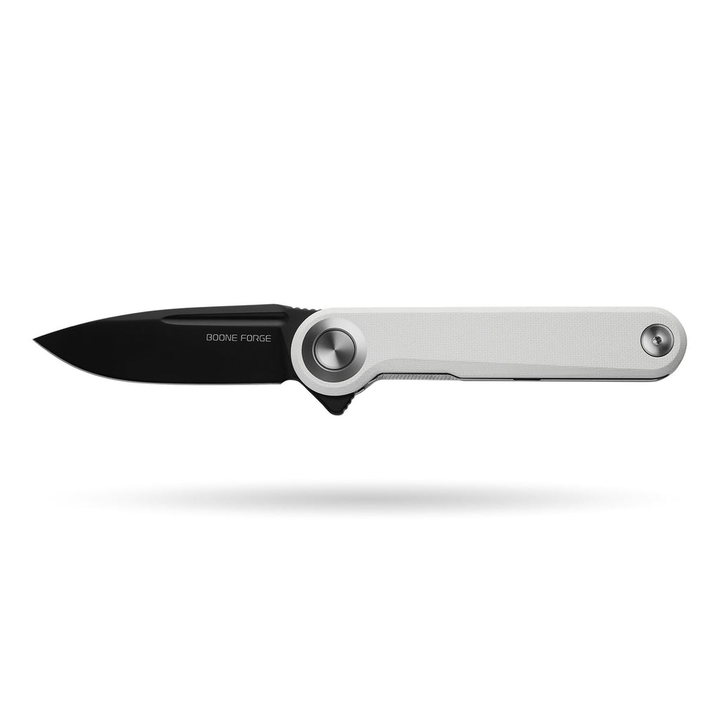 BOONEFORGE Ironjudge Premium EDC Flipper knife ( 3.39'' Black Titanium Plated 14C28N Blade & White G10 Handle ) - BF905