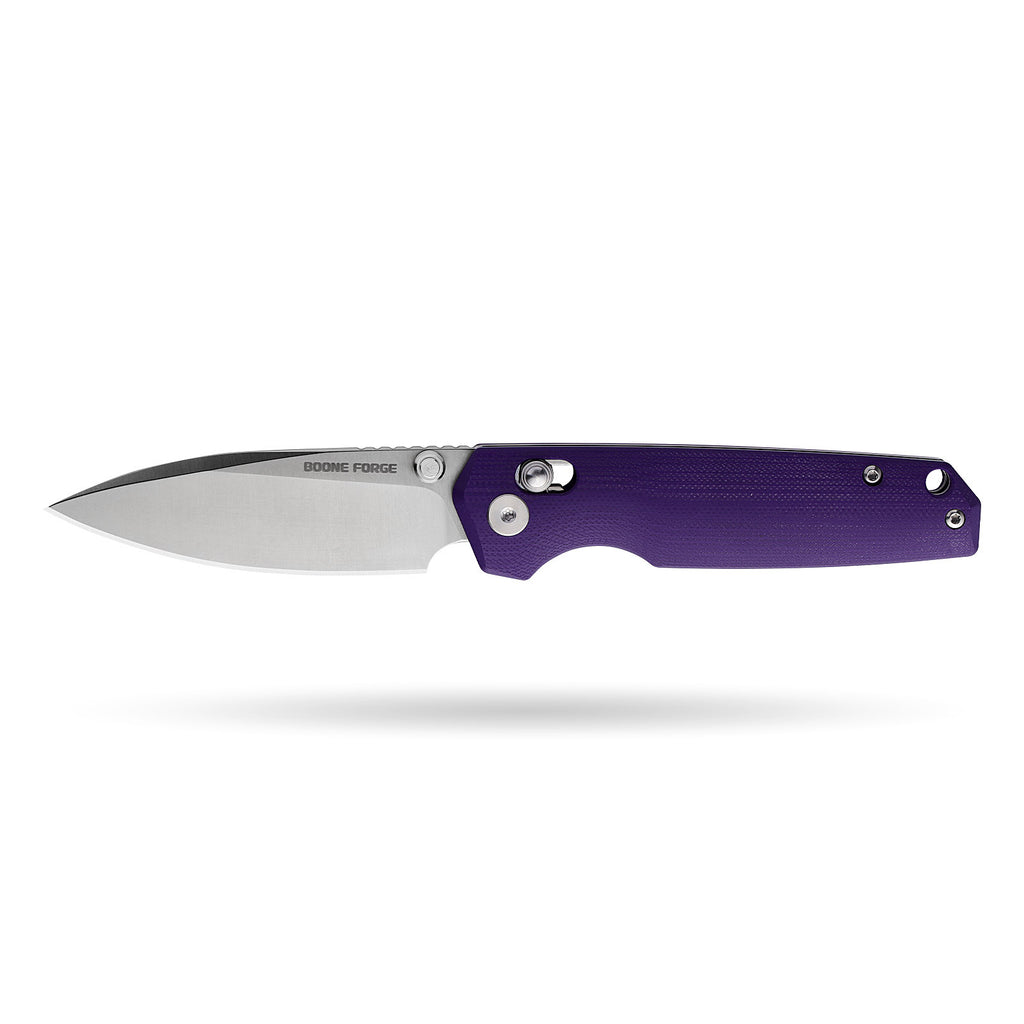 BOONEFORGE Darkedge Premium EDC Crossbar knife ( 3.05'' Satin 14C28N Blade & Purple G10 Handle ) - BF900