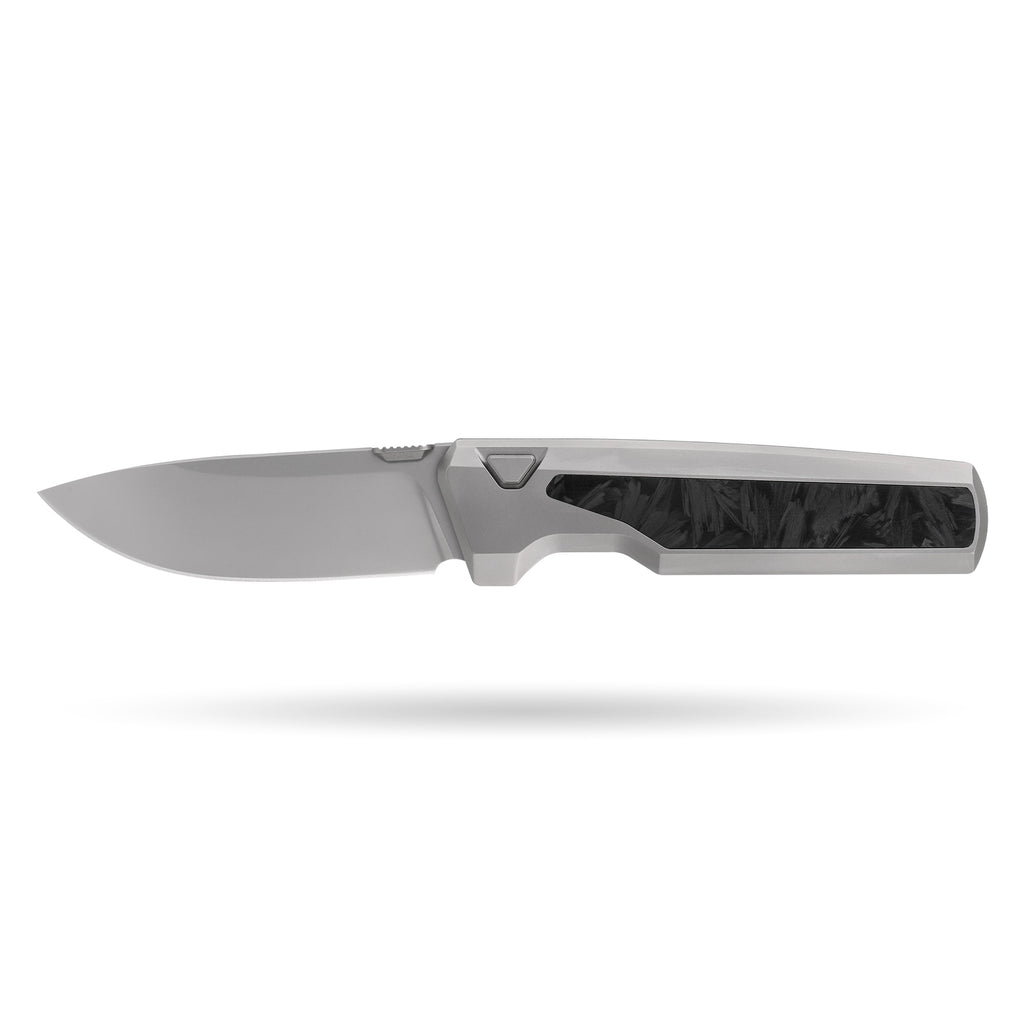 [PRE‑ORDER]BOONEFORGE Mountainfang Premium EDC Button lock & Thumb stud knife  ( 3.31" Bead Blasted BÖHLER M390 Blade & Grey TC4 Titanium/Carbon Fiber Handle) - BF004