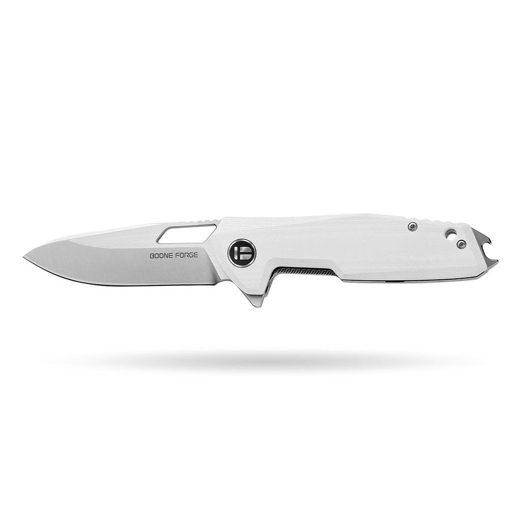 BOONEFORGE Berserker Premium EDC Flipper & Thumb hole knife( 3.07'' Satin 14C28N Blade & White G10 Handle ) - BF072