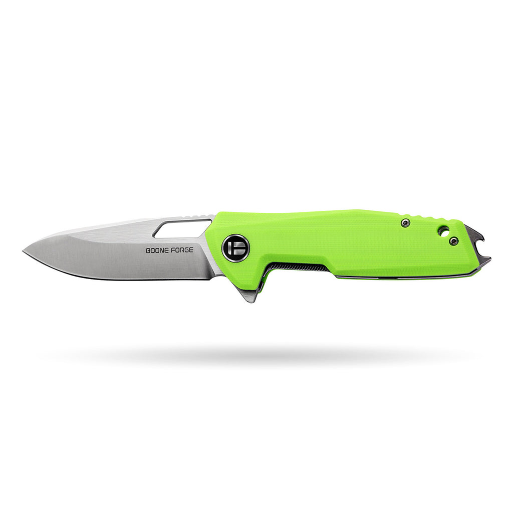 BOONEFORGE Berserker Premium EDC Flipper & Thumb hole knife( 3.07'' Satin 14C28N Blade & Fluorescent green G10 Handle ) - BF072