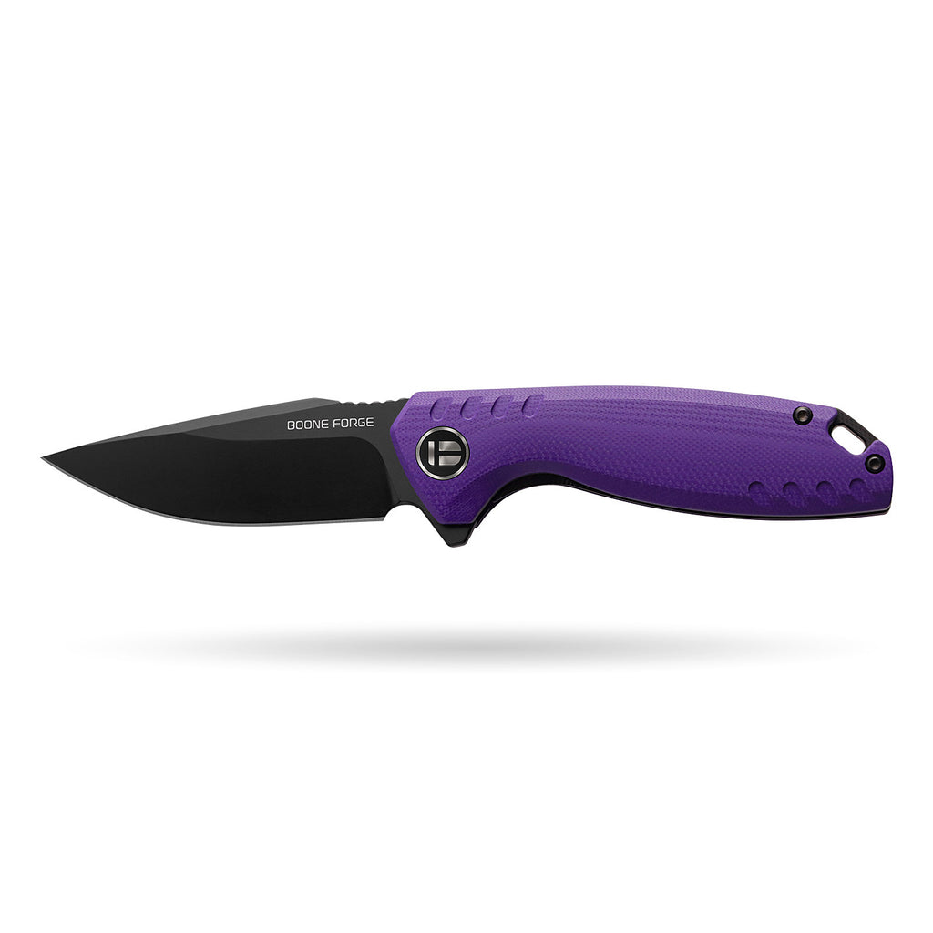 BOONEFORGE Nightvein Premium EDC Flipper knife (3.39'' Black Titanium Plated 14C28N Blade & Purple G10 Handle) - BF011