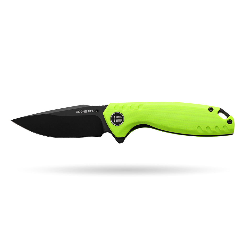 BOONEFORGE Nightvein Premium EDC Flipper knife (3.39'' Black Titanium Plated 14C28N Blade & Fluorescent green G10 Handle) - BF011