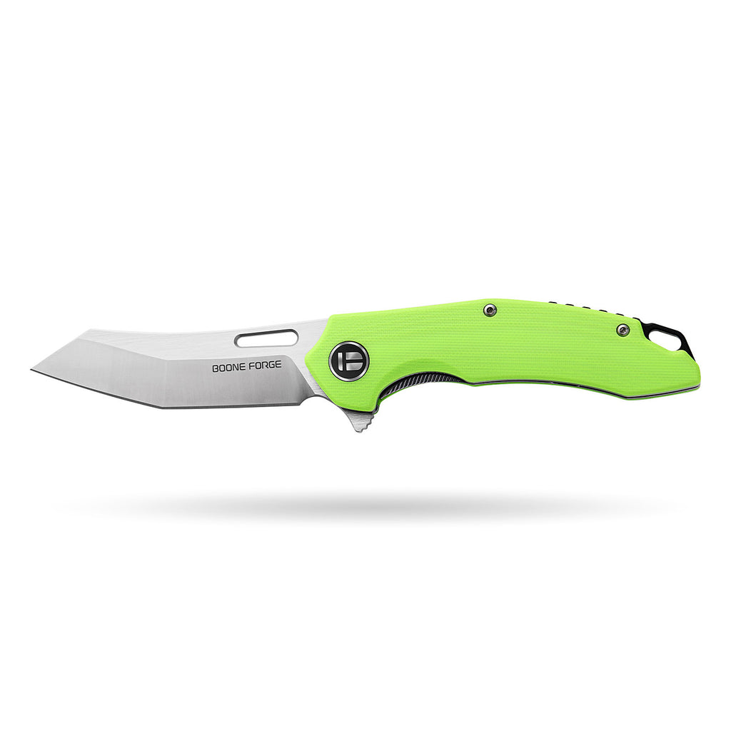 BOONEFORGE Sentinel Premium EDC Flipper & Thumb hole knife ( 3.34'' Satin 14C28N Blade & Fluorescent green G10 Handle ) - BF904