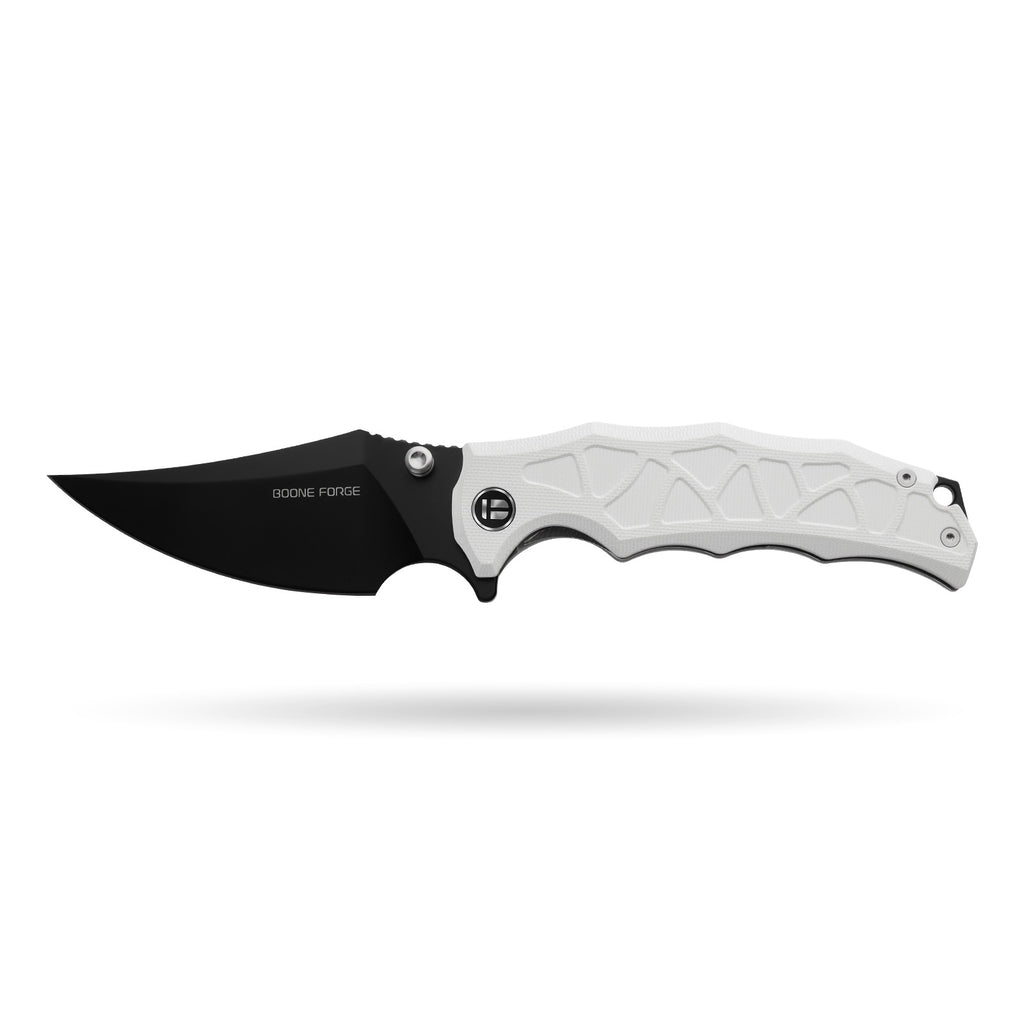 BOONEFORGE Ironstrider Premium EDC Fliper & Thumb Stud knife(3.81'' Black Titanium Plated 14C28N Blade & White G10 Handle ) - BF013A