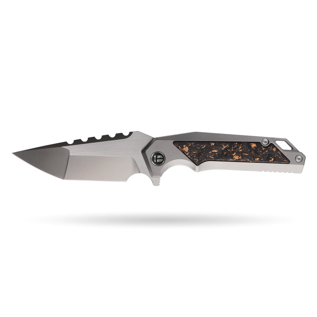 BOONEFORGE Hellfire Premium EDC Fliper & Thumb Stud knife( 3.7'' Satin BÖHLER M390 Blade & Grey TC4 Titanium/Carbon Fiber Handle ) - BF055