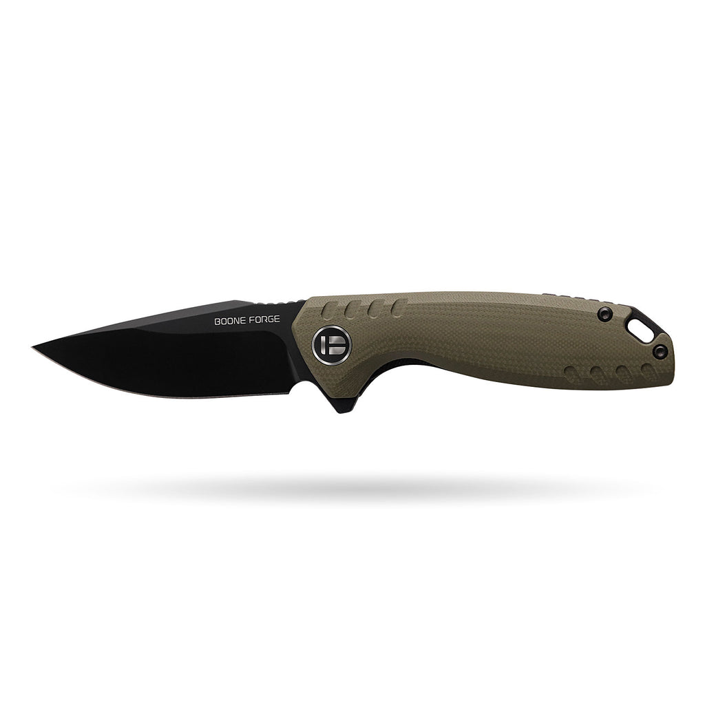 BOONEFORGE Nightvein Premium EDC Flipper knife (3.39'' Black Titanium Plated 14C28N Blade & Army green G10 Handle) - BF011