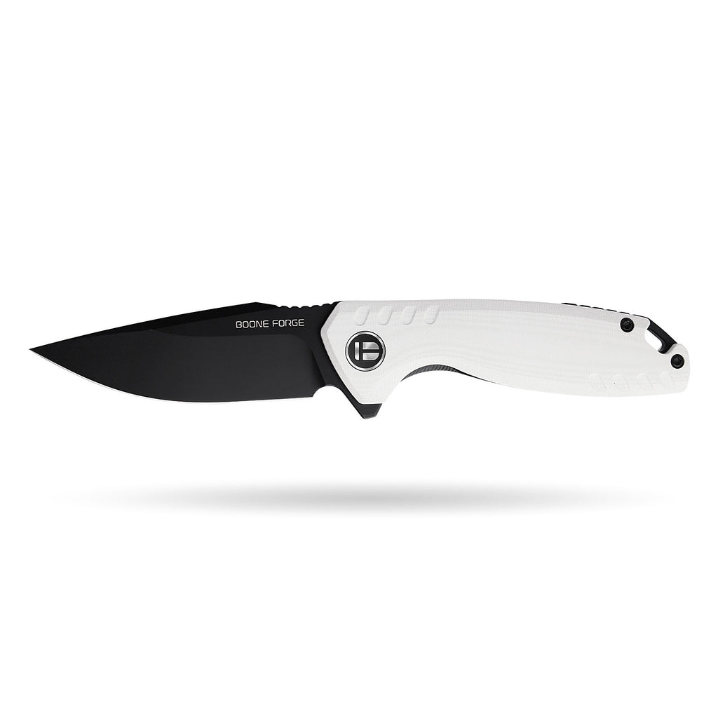 BOONEFORGE Nightvein Premium EDC Flipper knife (3.39'' Black Titanium Plated 14C28N Blade & White G10 Handle) - BF011