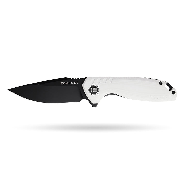BOONEFORGE Nightvein Premium EDC Flipper knife (3.39'' Black Titanium Plated 14C28N Blade & White G10 Handle) - BF011