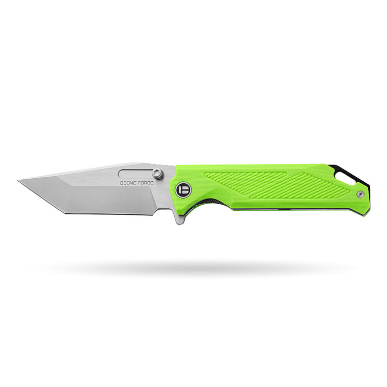 BOONEFORGE Blackshield Premium EDC Fliper & Thumb Stud knife ( 3.94'' Satin 14C28N Blade & Fluorescent green G10 Handle ) - BF014A