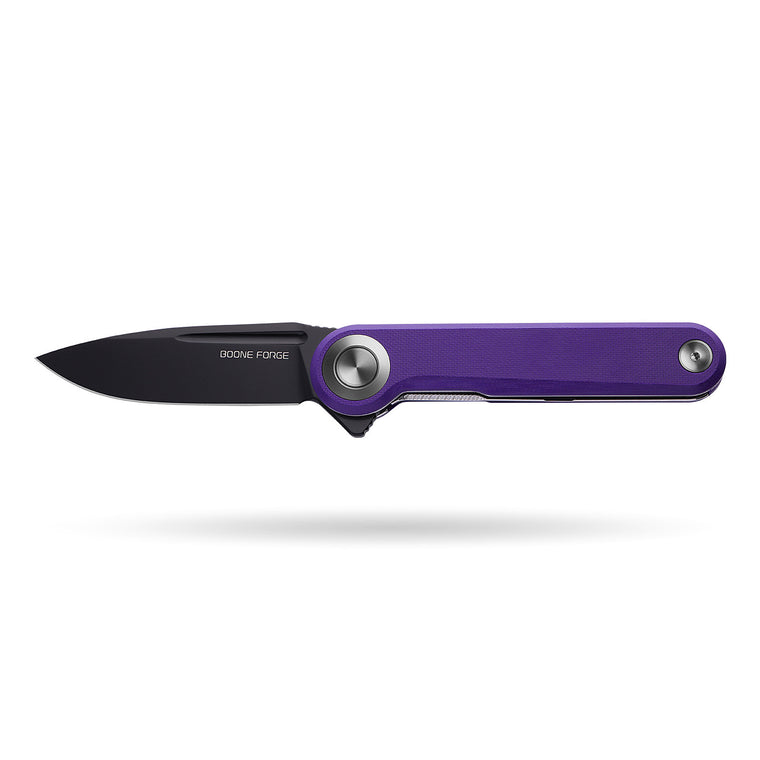 BOONEFORGE Ironjudge Premium EDC Flipper knife ( 3.39'' Black Titanium Plated 14C28N Blade & Purple G10 Handle ) - BF905