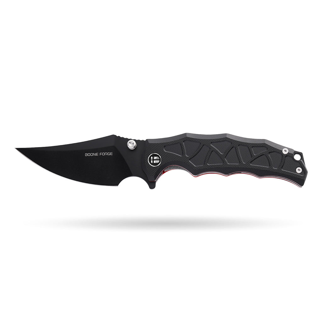 BOONEFORGE Ironstrider Premium EDC Fliper & Thumb Stud knife(3.81'' Black Titanium Plated 14C28N Blade & Black G10 Handle ) - BF013A