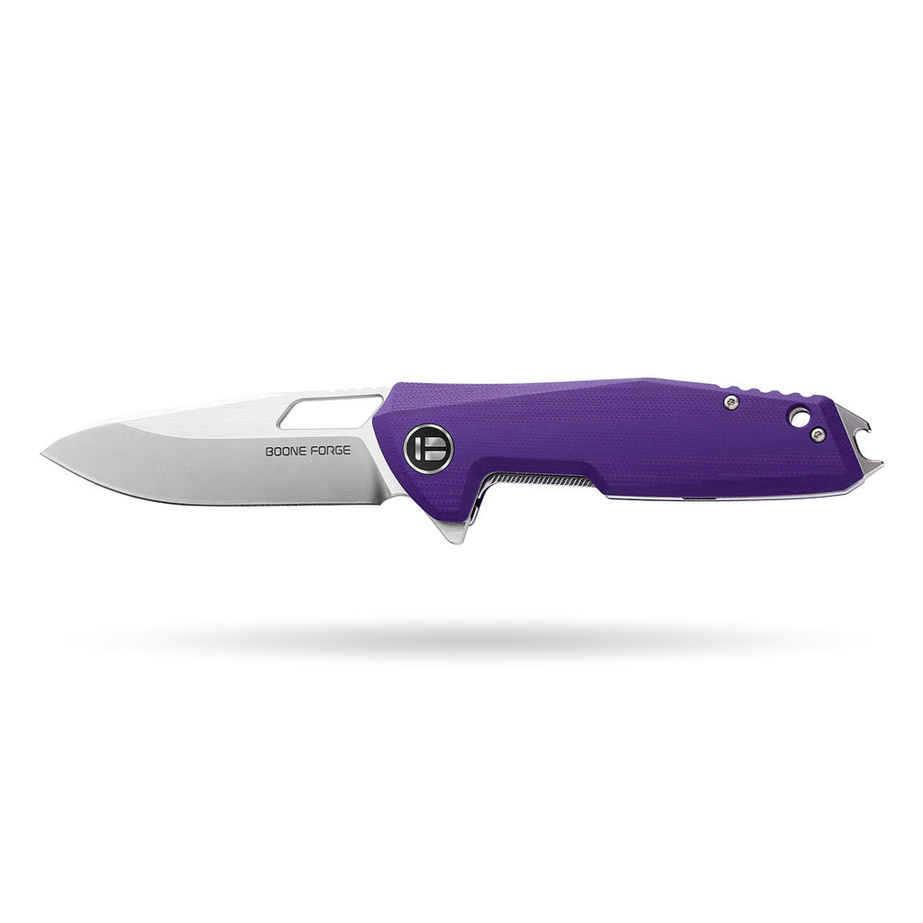 BOONEFORGE Berserker Premium EDC Flipper & Thumb hole knife( 3.07'' Satin 14C28N Blade & Purple G10 Handle ) - BF072