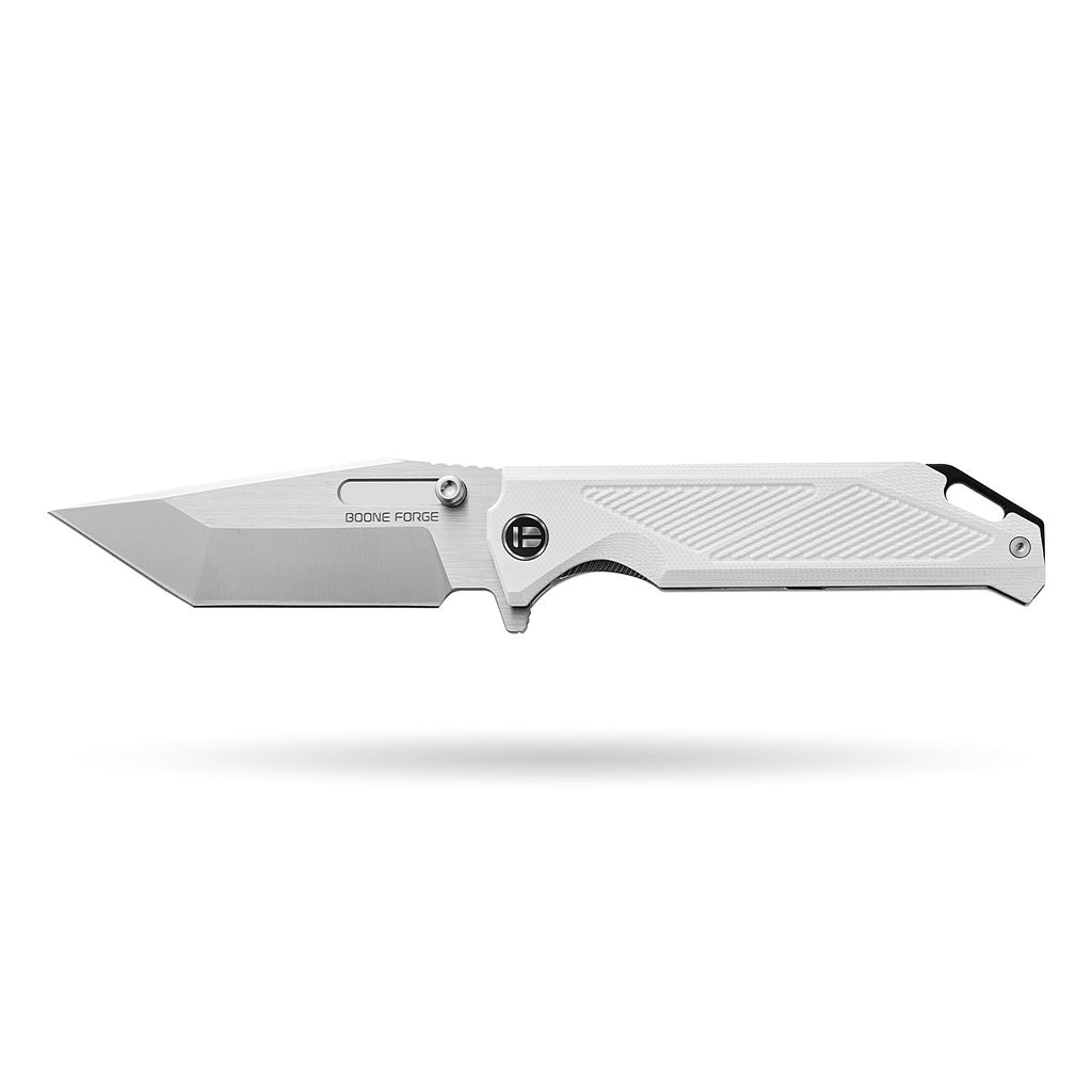BOONEFORGE Blackshield Premium EDCFliper & Thumb Stud knife ( 3.94'' Satin 14C28N Blade & White G10 Handle ) - BF014A