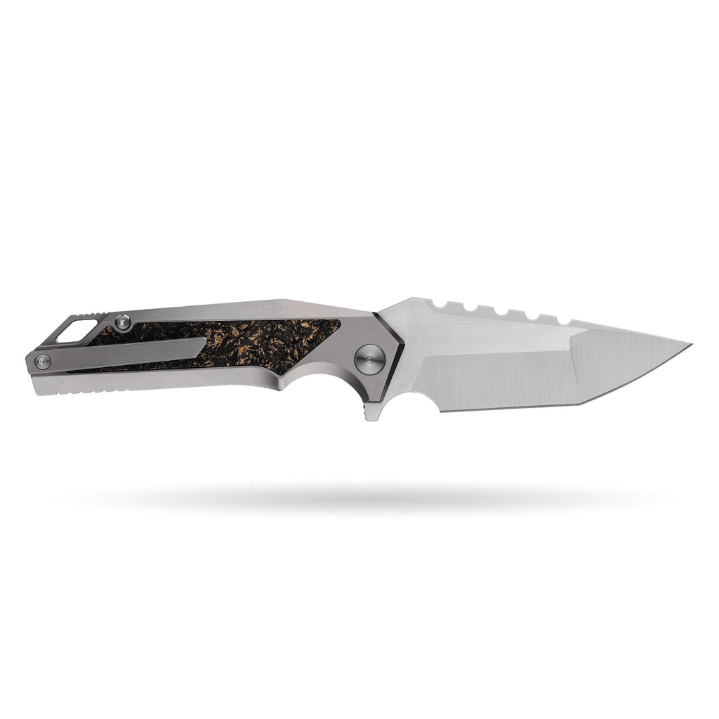 BOONEFORGE Hellfire Premium EDC Fliper & Thumb Stud knife( 3.7'' Satin BÖHLER M390 Blade & Grey TC4 Titanium/Carbon Fiber Handle ) - BF055