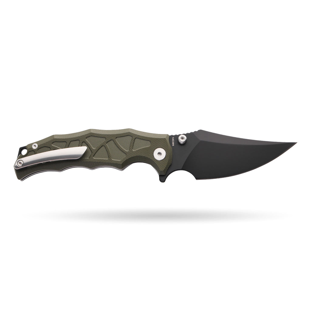BOONEFORGE Ironstrider Premium EDC Fliper & Thumb Stud knife(3.81'' Black Titanium Plated 14C28N Blade & Army green G10 Handle ) - BF013A