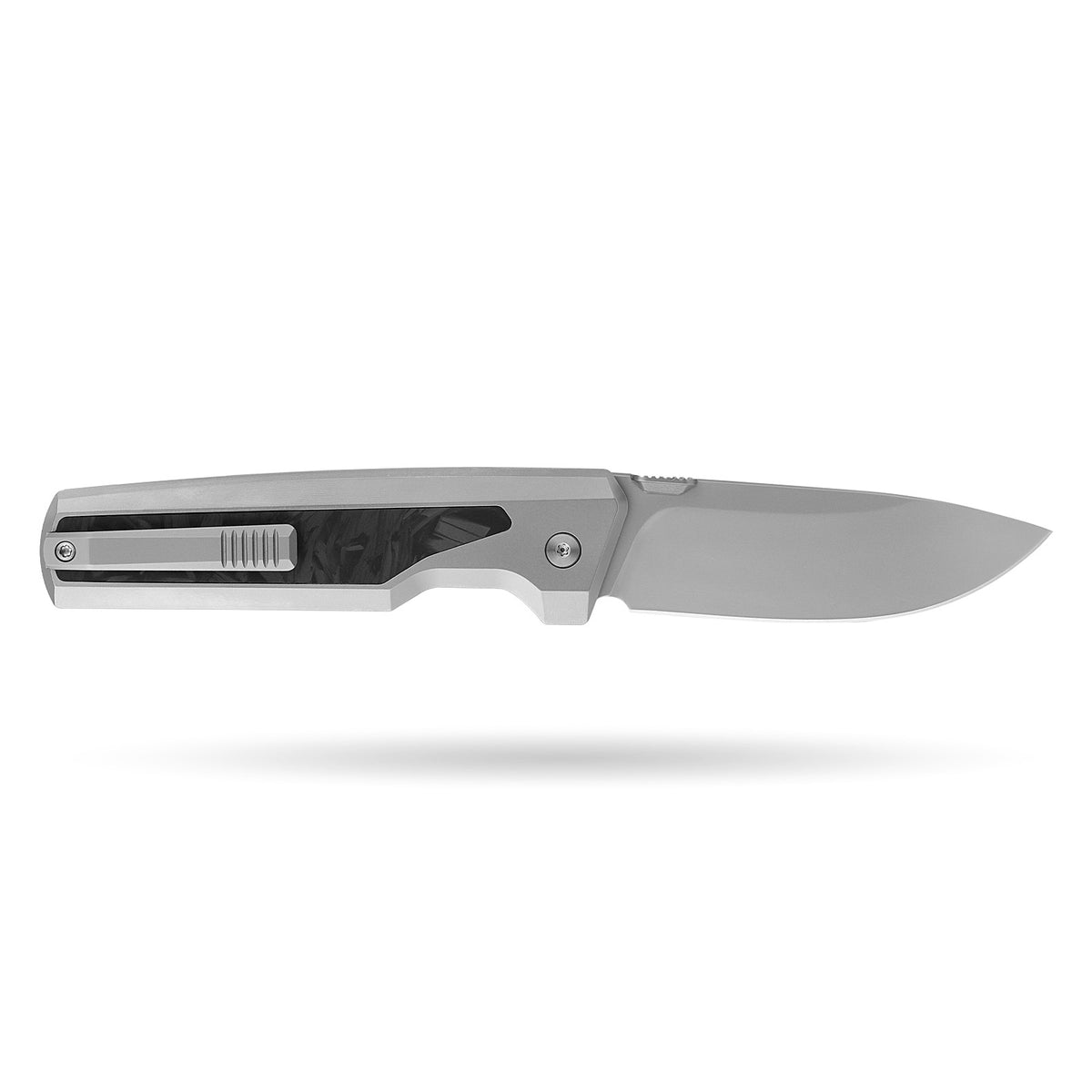 [PRE‑ORDER]BOONEFORGE Mountainfang Premium EDC Button lock & Thumb stud knife  ( 3.31" Bead Blasted M390 Blade & Grey TC4 Titanium/Carbon Fiber Handle) - BF004