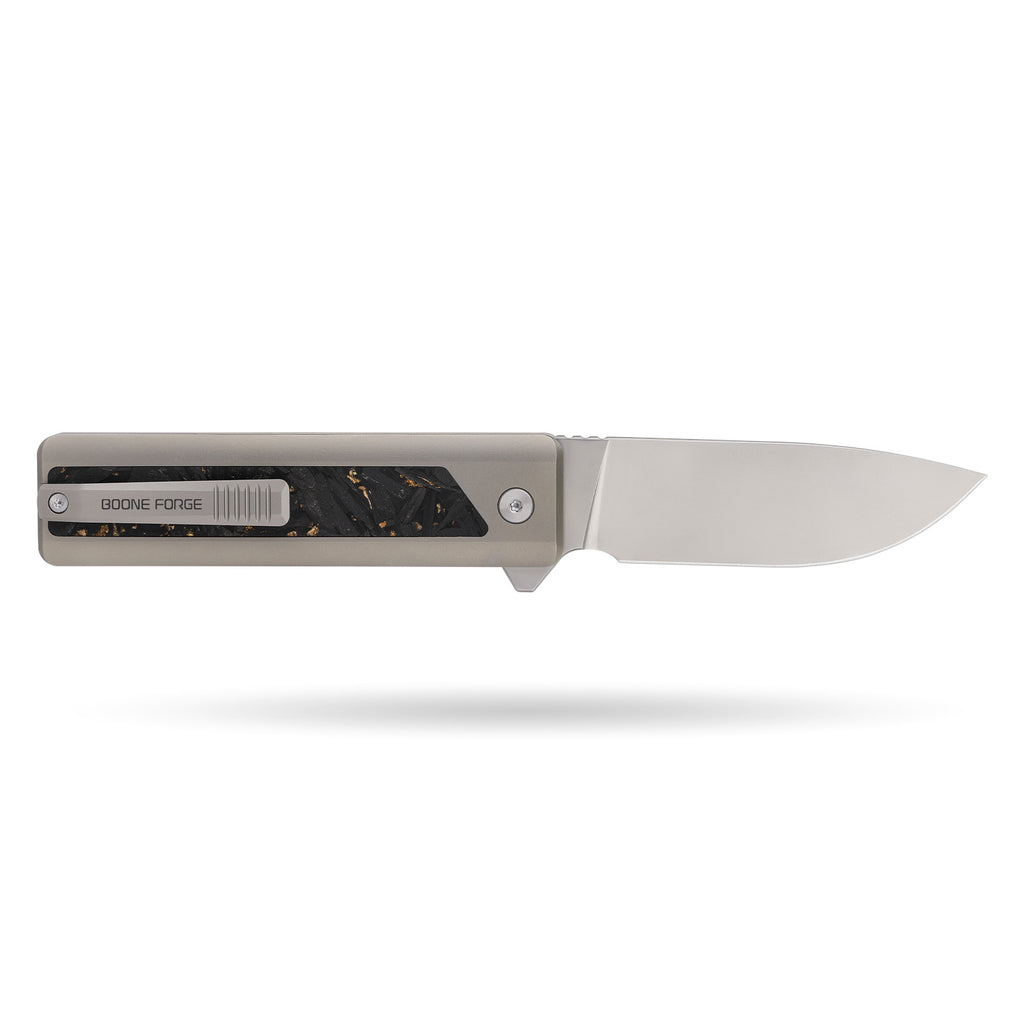 BOONEFORGE Wastelander Premium EDC Button lock & Flipper knife (3.2" Bead Blasted BÖHLER M390 Blade & TC4 Titanium Handle/Carbon Fiber ) - BF001