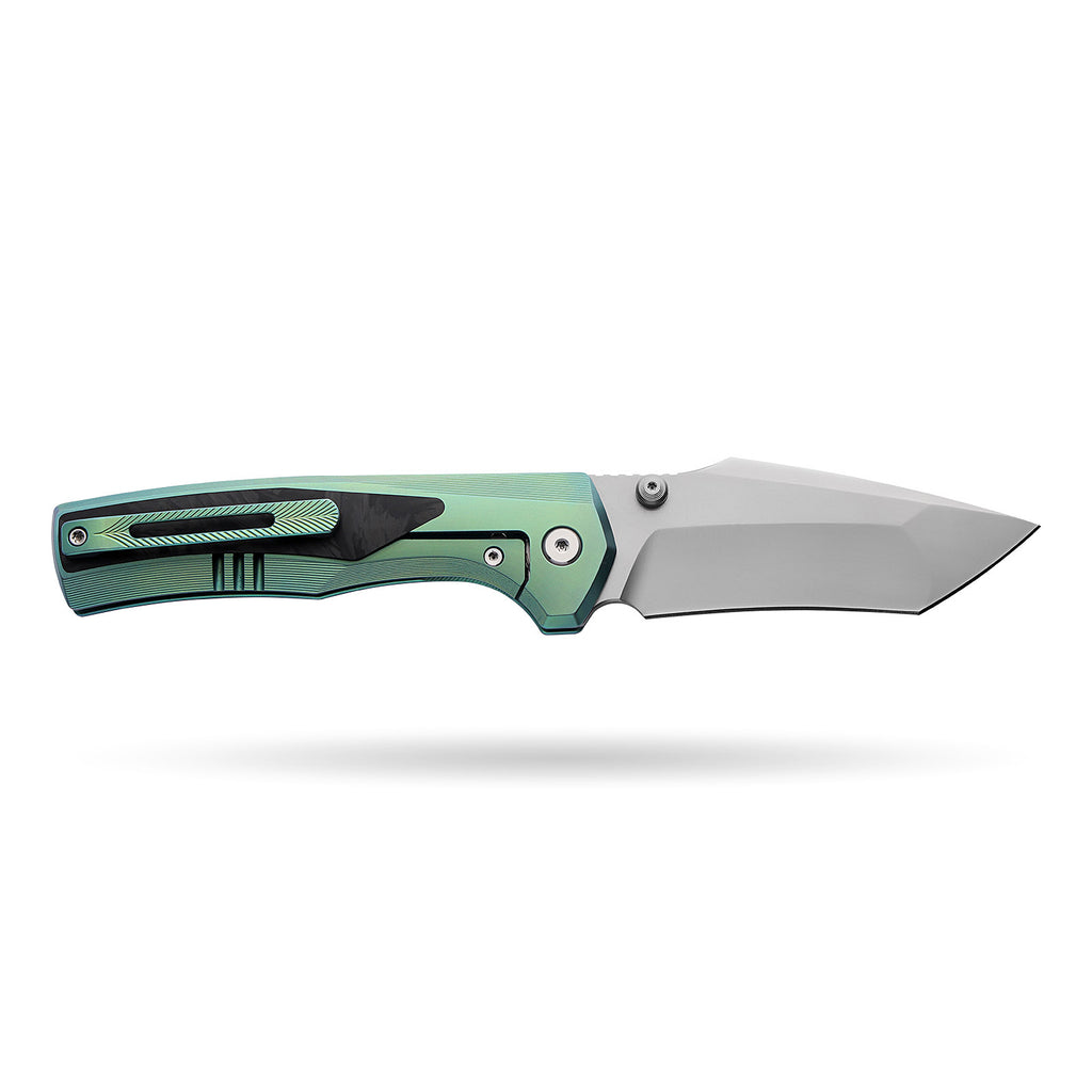 [PRE‑ORDER]BOONEFORGE Bloodfang Premium EDC Thumb stud knife ( 3.41" Bead Blasted M390 Blade & Mint green TC4 Titanium/Carbon Fiber Handle) - BF007