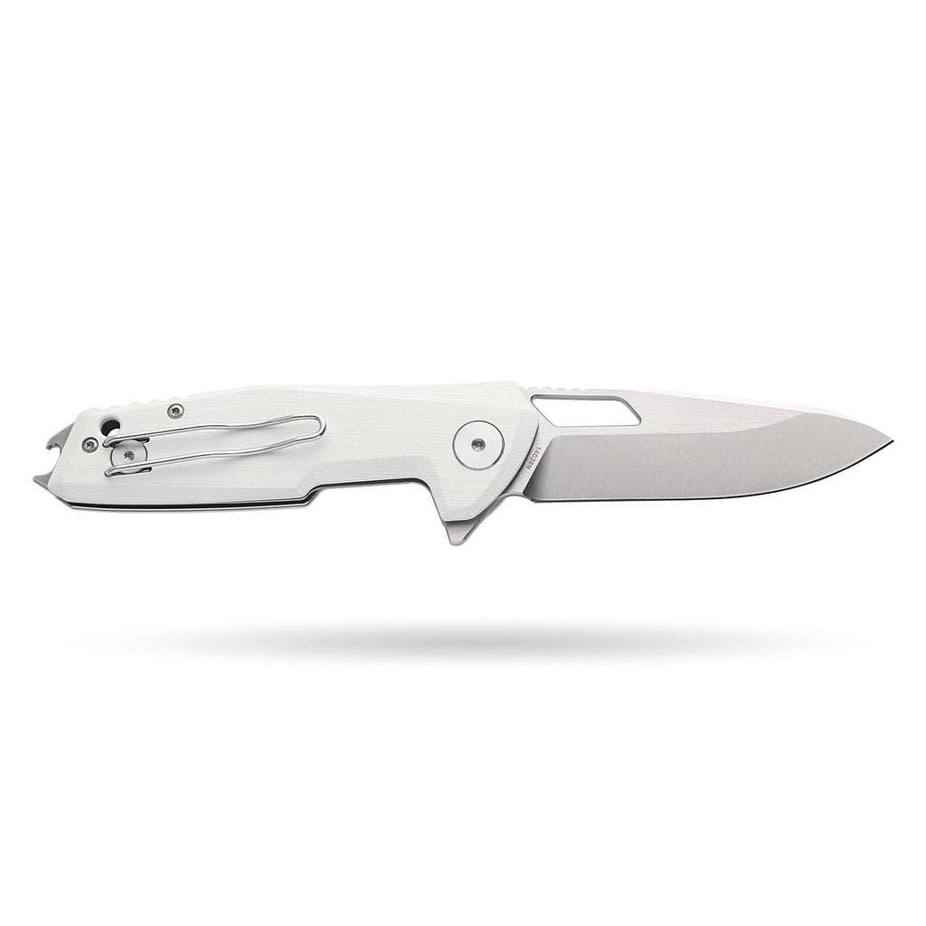 BOONEFORGE Berserker Premium EDC Flipper & Thumb hole knife( 3.07'' Satin 14C28N Blade & White G10 Handle ) - BF072