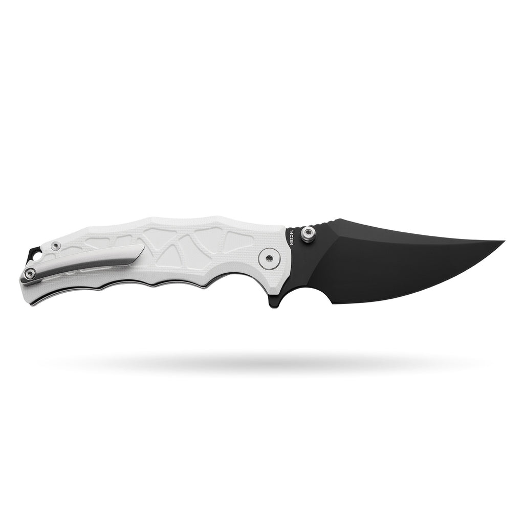 BOONEFORGE Ironstrider Premium EDC Fliper & Thumb Stud knife(3.81'' Black Titanium Plated 14C28N Blade & White G10 Handle ) - BF013A
