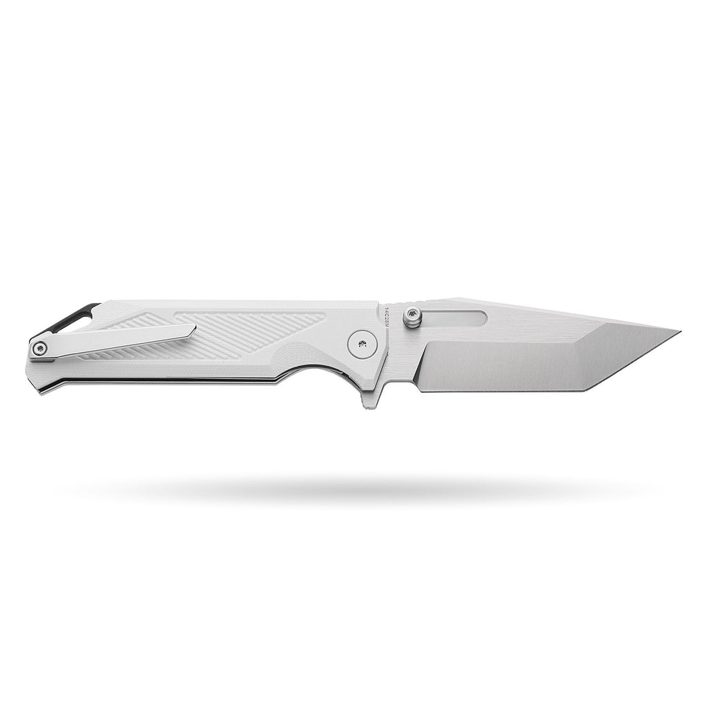 BOONEFORGE Blackshield Premium EDCFliper & Thumb Stud knife ( 3.94'' Satin 14C28N Blade & White G10 Handle ) - BF014A