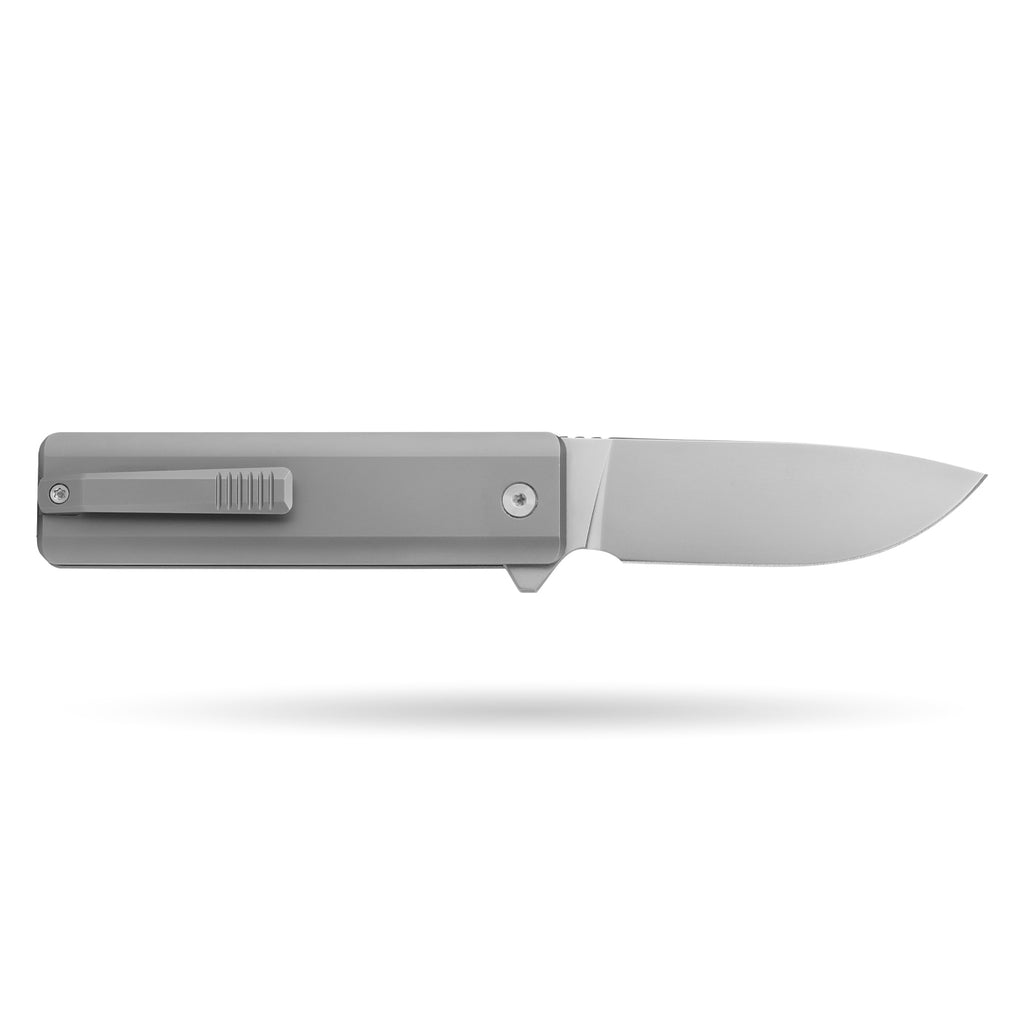 BOONEFORGE Stalker Premium EDC Button lock & Flipper knife  ( 3.2" Bead Blasted BÖHLER M390  Blade & Grey TC4 Titanium Handle) - BF003