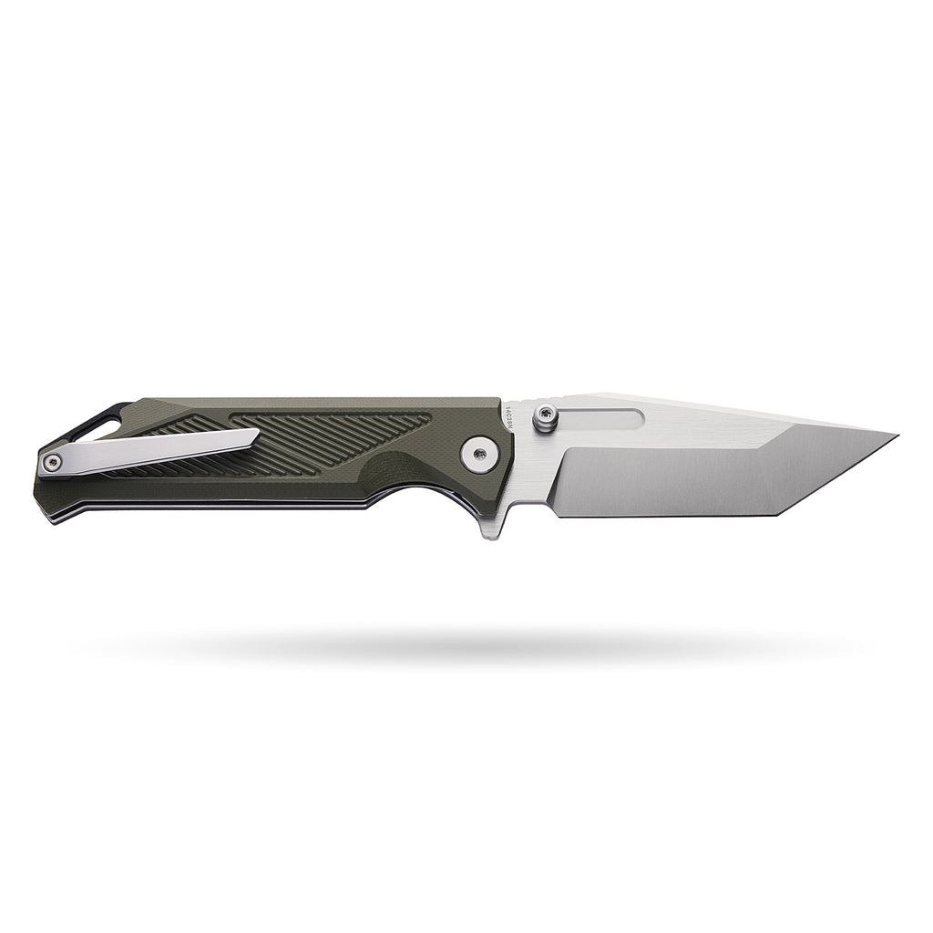 BOONEFORGE Blackshield Premium EDC Fliper & Thumb Stud knife ( 3.94'' Satin 14C28N Blade & Army green G10 Handle ) - BF014A