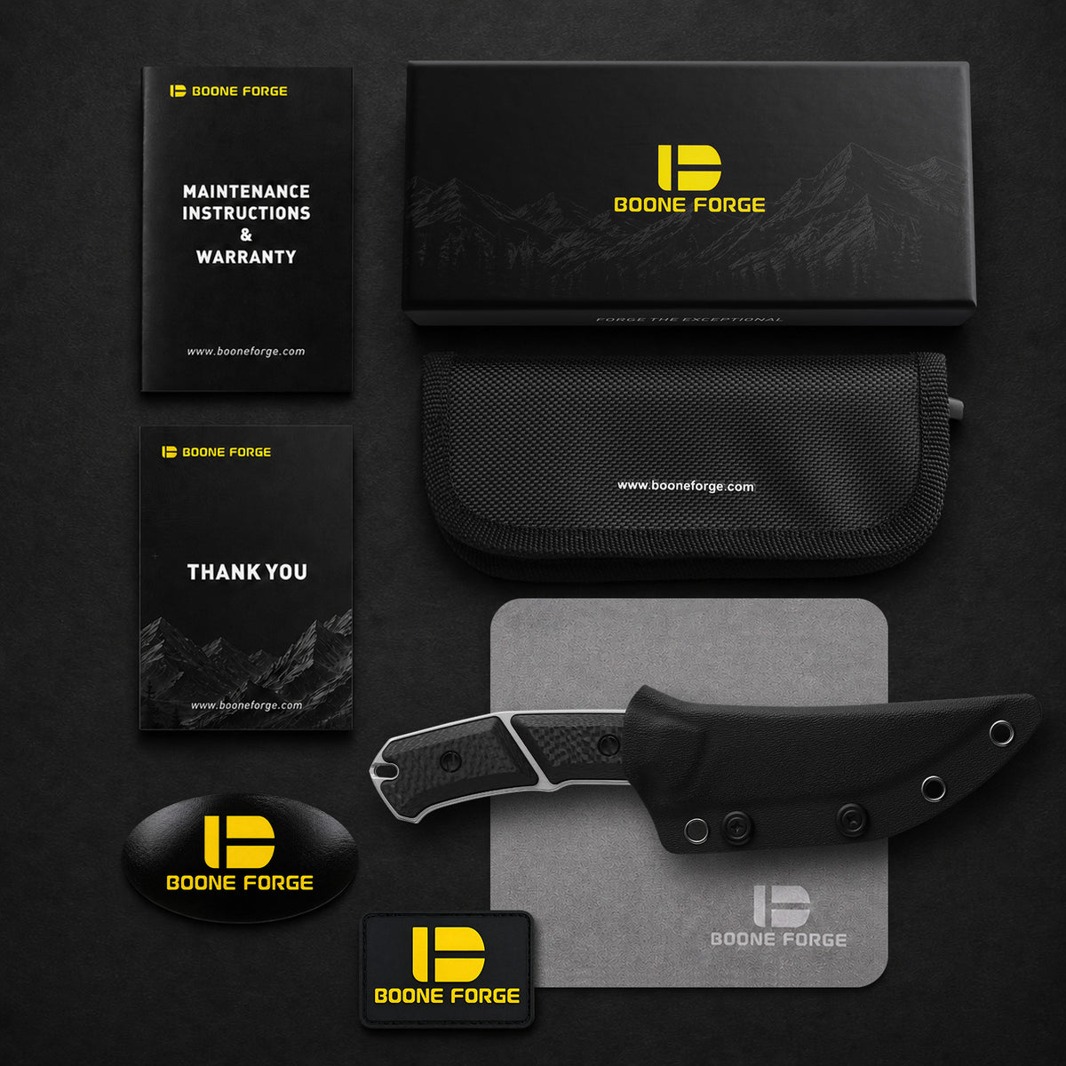 BOONEFORGE Edge Premium EDC Fixed blade knife ( 4.02'' Bead Blasted Stonewash Sandvik 14C28N Blade & Black Carbon Fiber Handle ) - FD050