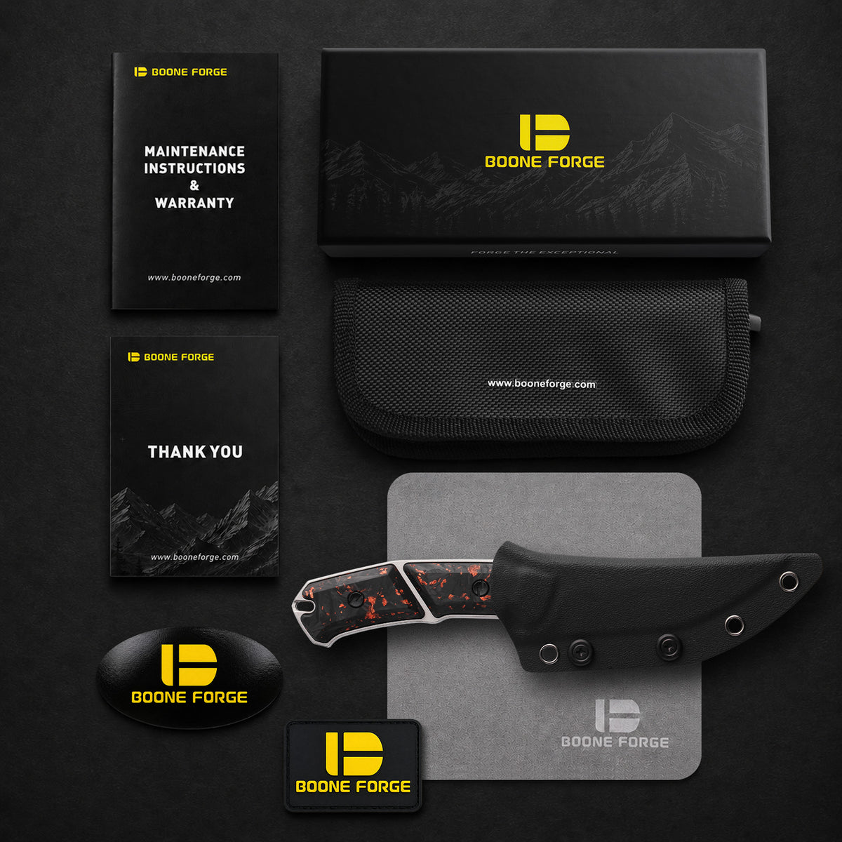 BOONEFORGE Edge Premium EDC Fixed blade knife ( 4.02'' Bead Blasted Stonewash Sandvik 14C28N Blade & Golden Carbon Fiber Handle ) - FD050