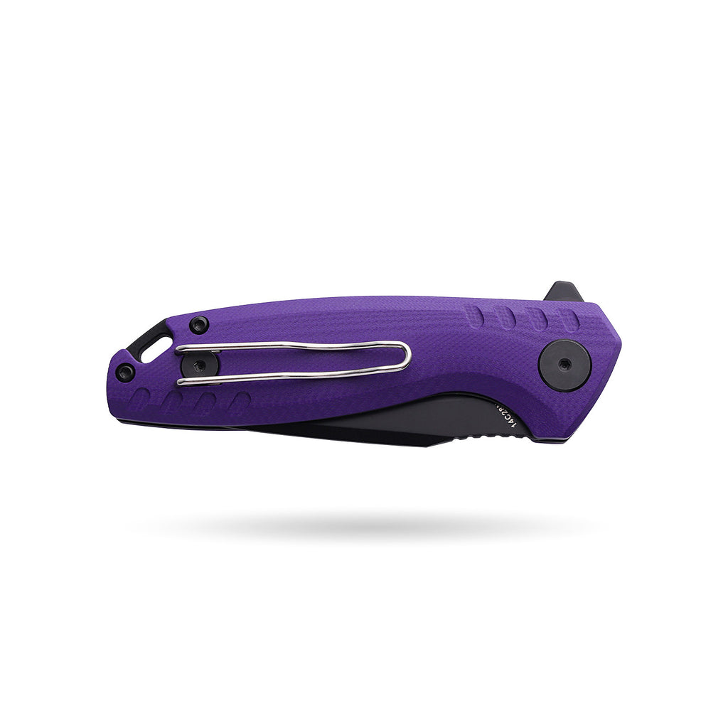 BOONEFORGE Nightvein Premium EDC Flipper knife (3.39'' Black Titanium Plated 14C28N Blade & Purple G10 Handle) - BF011