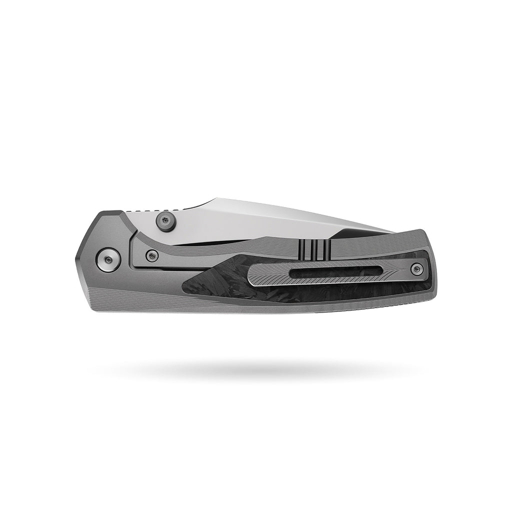 [PRE‑ORDER]BOONEFORGE Bloodfang Premium EDC Thumb stud knife ( 3.41" Bead Blasted M390 Blade & Grey TC4 Titanium/Carbon Fiber Handle) - BF007