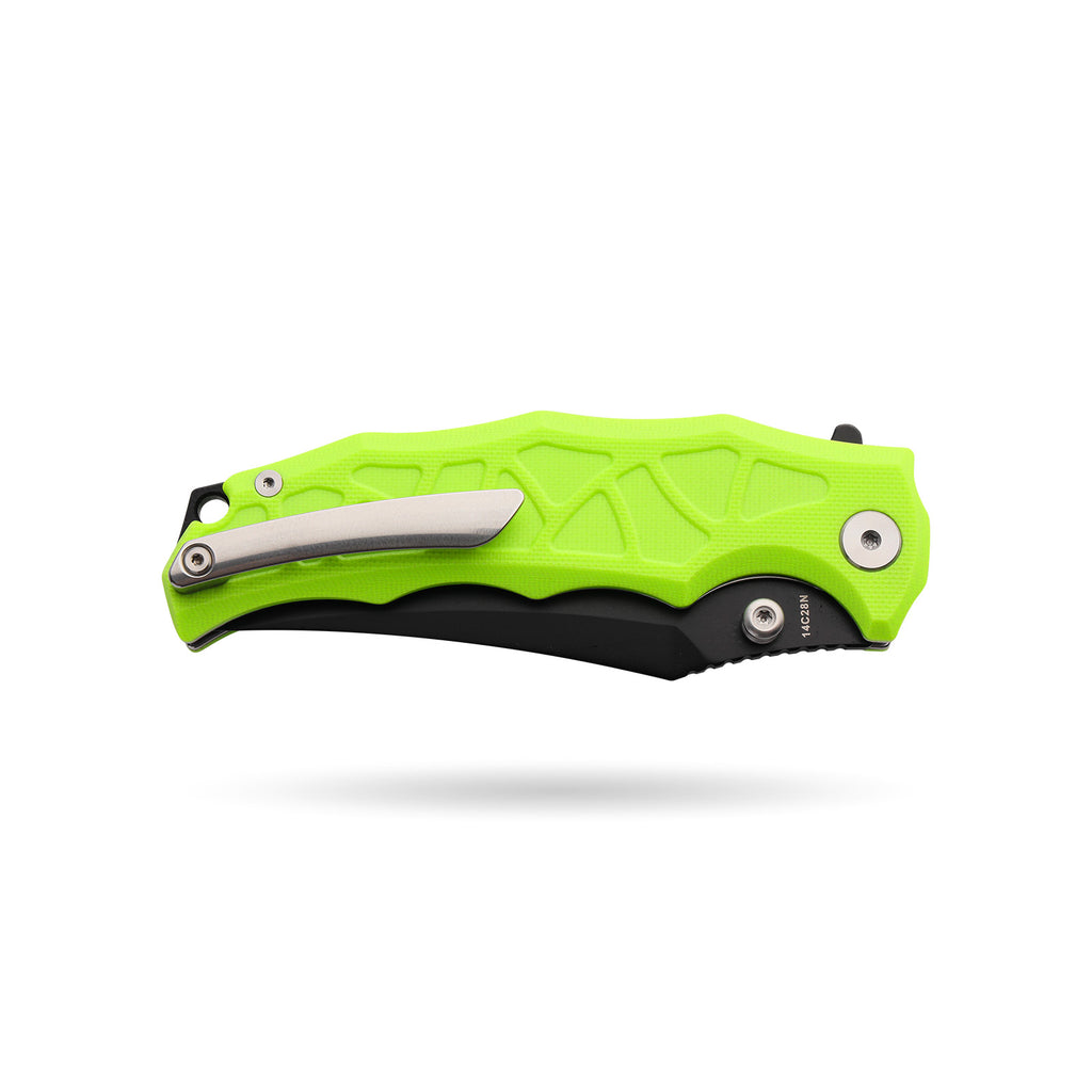 BOONEFORGE Ironstrider Premium EDC Fliper & Thumb Stud knife(3.81'' Black Titanium Plated 14C28N Blade & Fluorescent green G10 Handle ) - BF013A