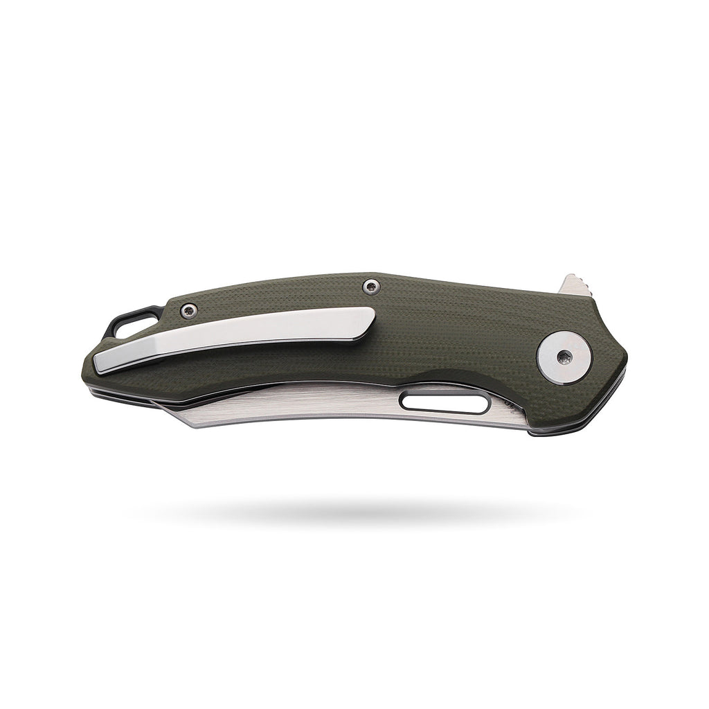 BOONEFORGE Sentinel Premium EDC Flipper & Thumb hole knife ( 3.34'' Satin 14C28N Blade & Army green G10 Handle ) - BF904