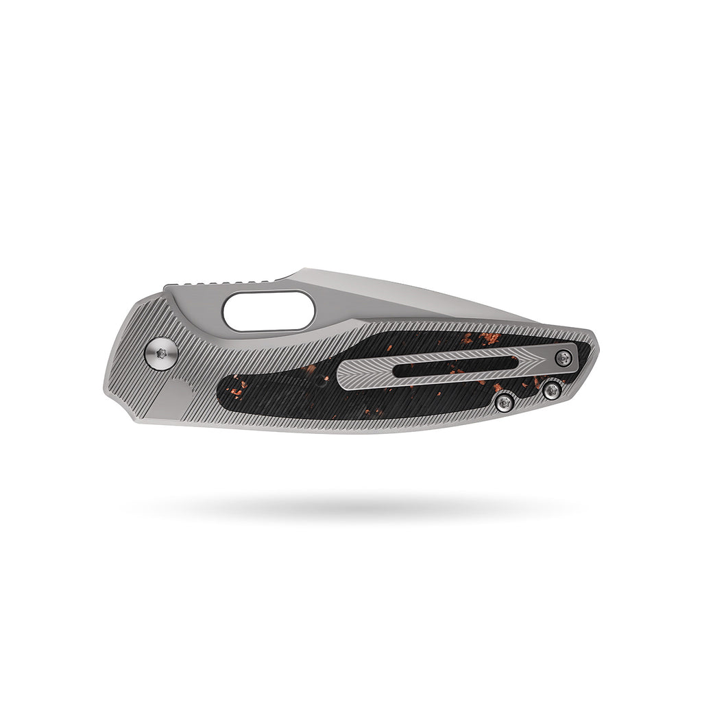 [PRE‑ORDER]BOONEFORGE Huntscar Premium EDC Button lock & Thumb hole knife ( 3.38'' Bead Blasted M390  Blade & Grey TC4 Titanium/Carbon Fiber Handle) - BF008