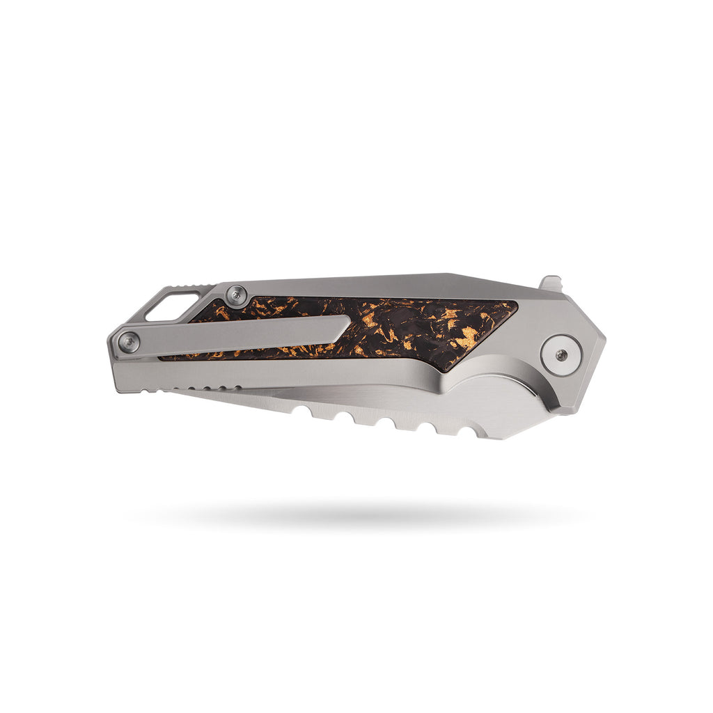 BOONEFORGE Hellfire Premium EDC Fliper & Thumb Stud knife( 3.7'' Satin BÖHLER M390 Blade & Grey TC4 Titanium/Carbon Fiber Handle ) - BF055