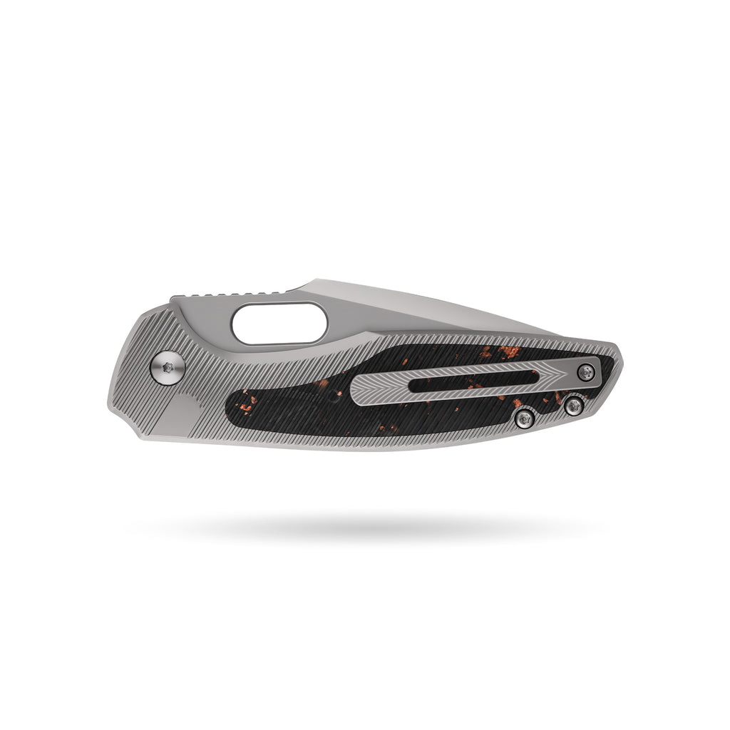 [PRE‑ORDER]BOONEFORGE Huntscar Premium EDC Button lock & Thumb hole knife ( 3.38'' Bead Blasted BÖHLER M390  Blade & Grey TC4 Titanium/Carbon Fiber Handle) - BF008