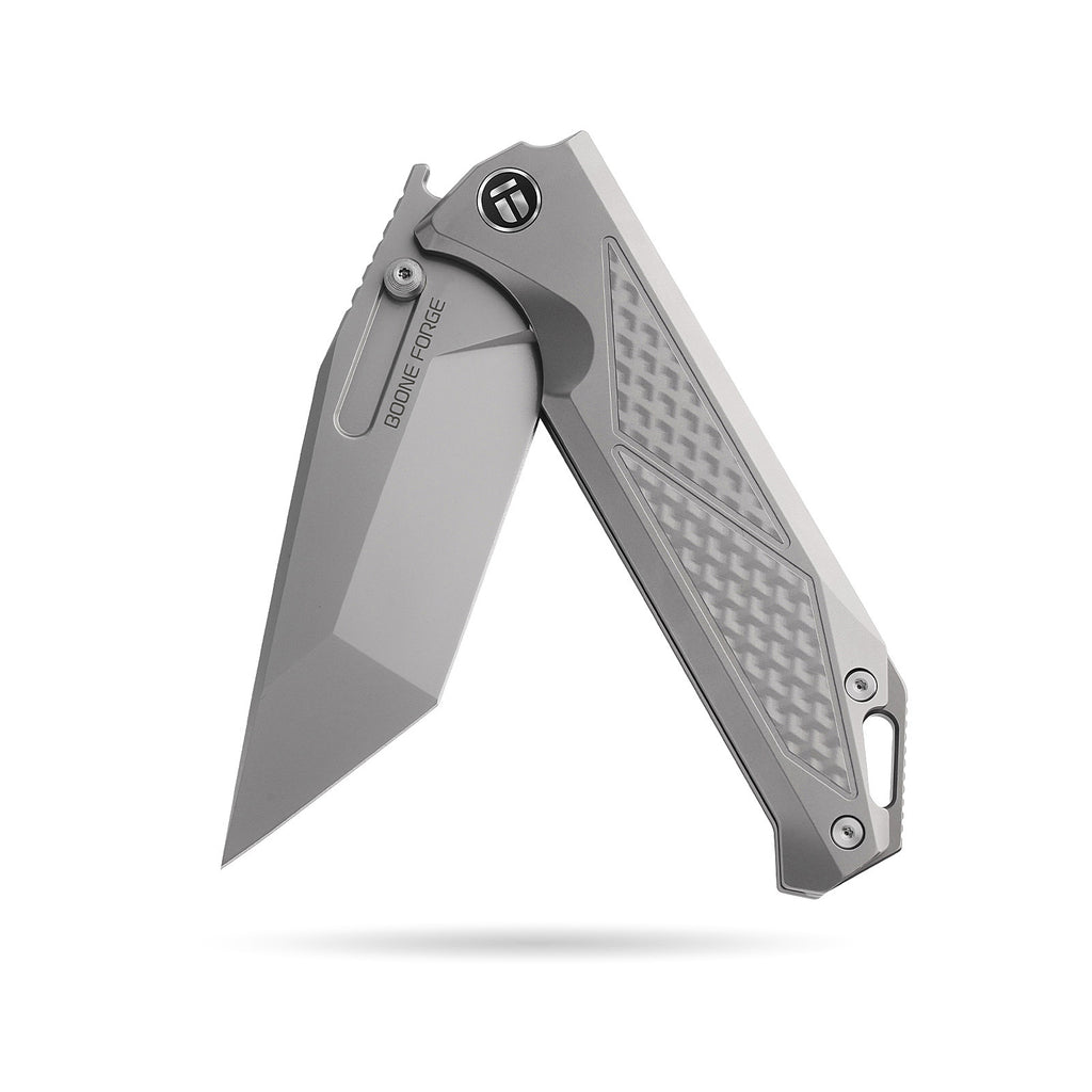 [PRE‑ORDER]BOONEFORGE Razorclaw Premium EDC Fliper & Thumb Stud knife(4.14'' Bead Blasted M390  Blade & Grey TC4 Titanium ) - BF014