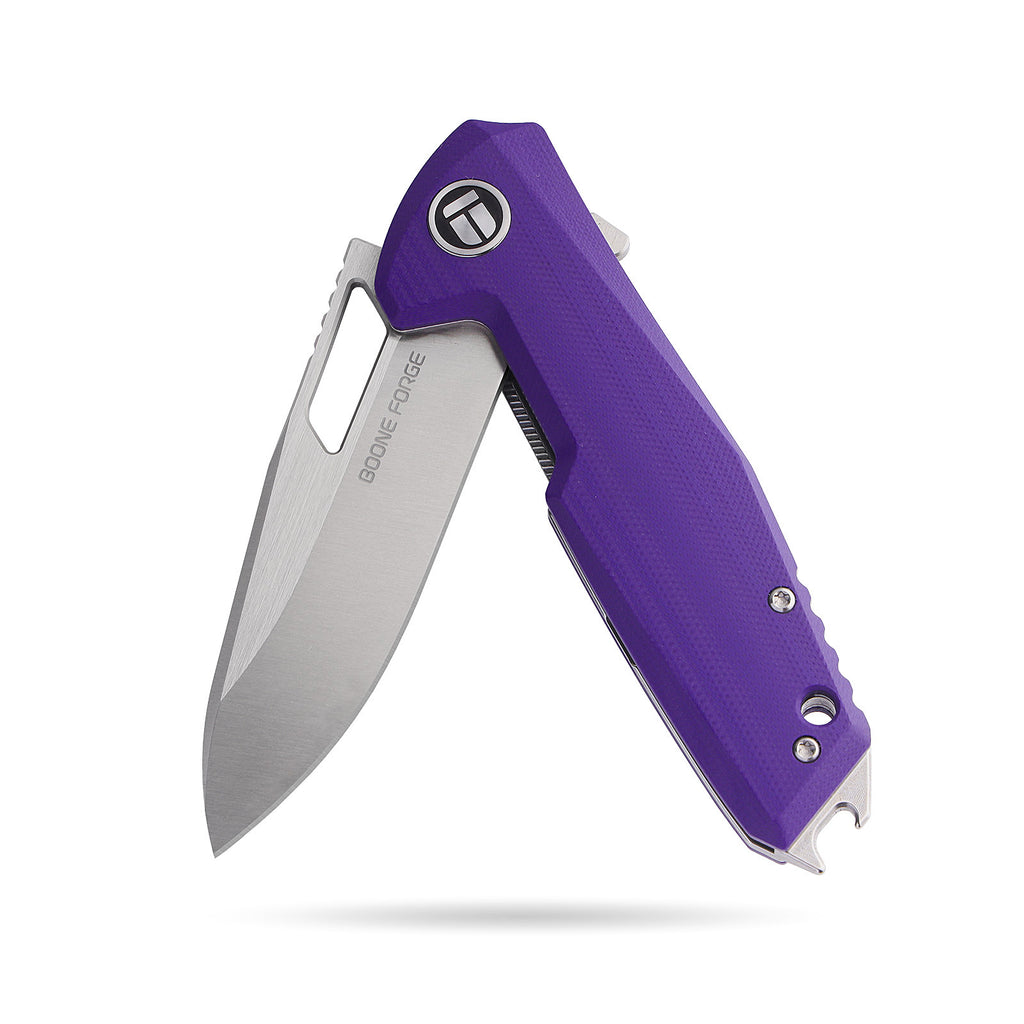 BOONEFORGE Berserker Premium EDC Flipper & Thumb hole knife( 3.07'' Satin 14C28N Blade & Purple G10 Handle ) - BF072