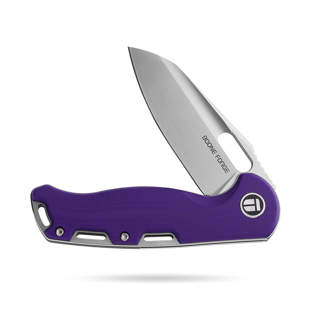 BOONEFORGE Warmark Premium EDC Manual thumb knife ( 3.33'' Satin 14C28N Blade & Purple G10 Handle) - BF009