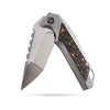 BOONEFORGE Hellfire Premium EDC Fliper & Thumb Stud knife( 3.7'' Satin BÖHLER M390 Blade & Grey TC4 Titanium/Carbon Fiber Handle ) - BF055