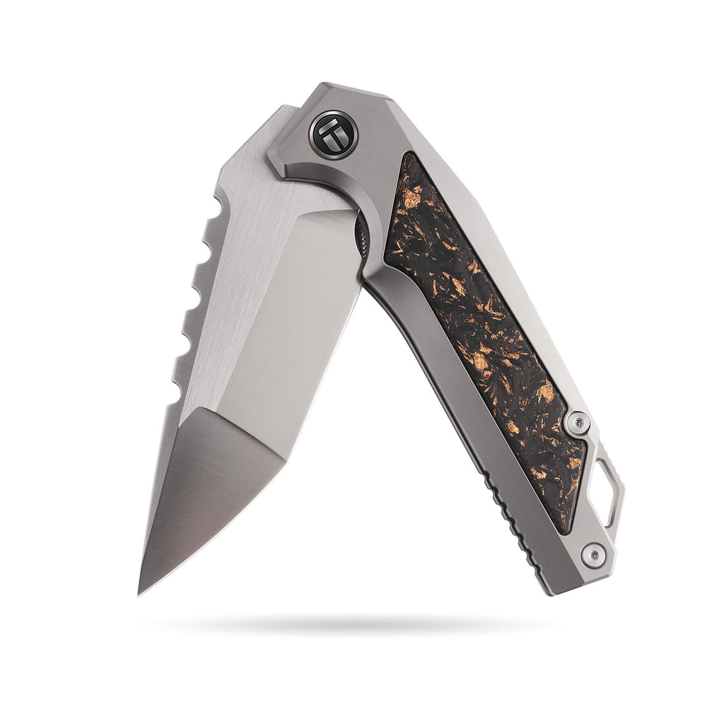 BOONEFORGE Hellfire Premium EDC Fliper & Thumb Stud knife( 3.7'' Satin BÖHLER M390 Blade & Grey TC4 Titanium/Carbon Fiber Handle ) - BF055