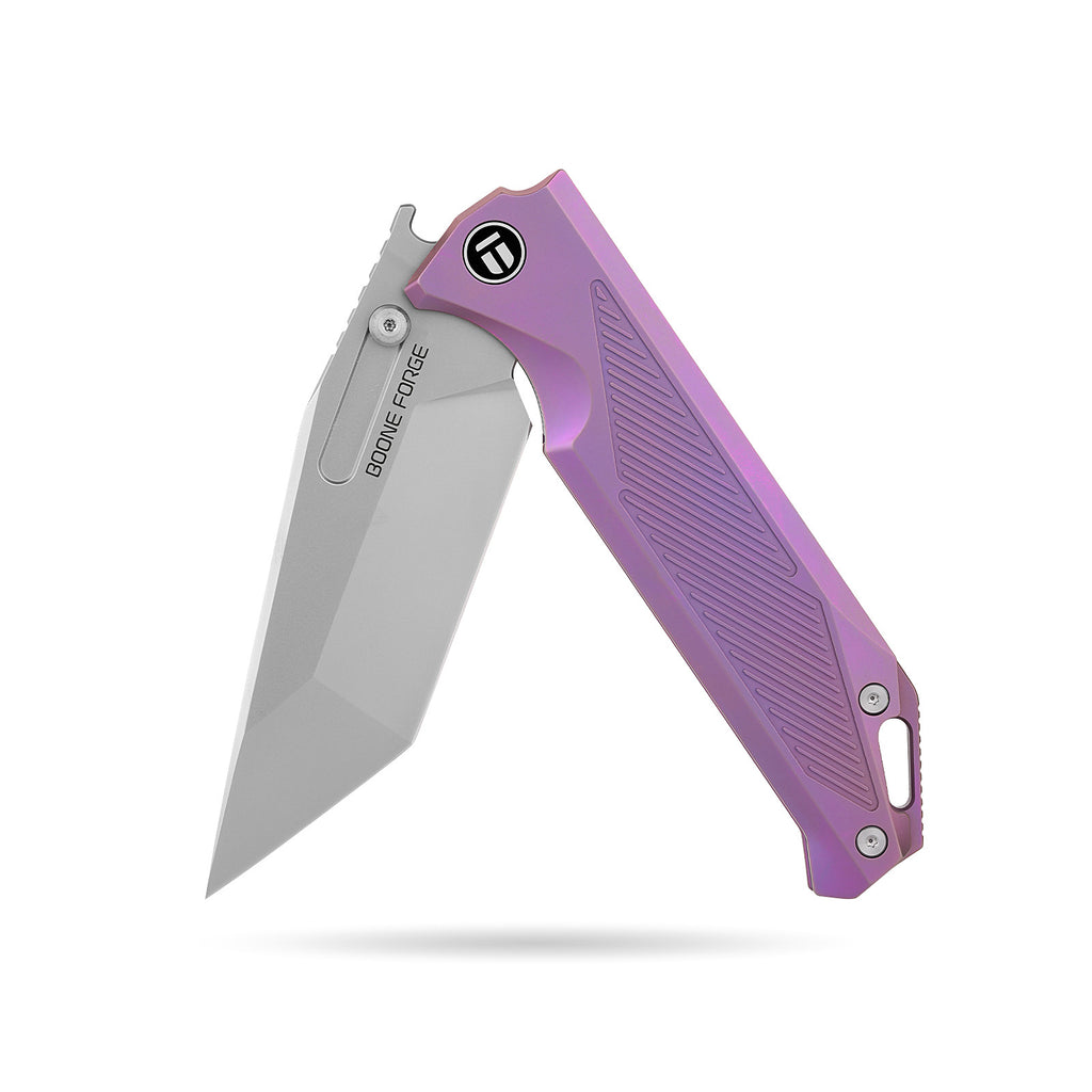 [PRE‑ORDER]BOONEFORGE Razorclaw Premium EDC Fliper & Thumb Stud knife(4.14'' Bead Blasted M390 Blade & Purple TC4 Titanium ) - BF014