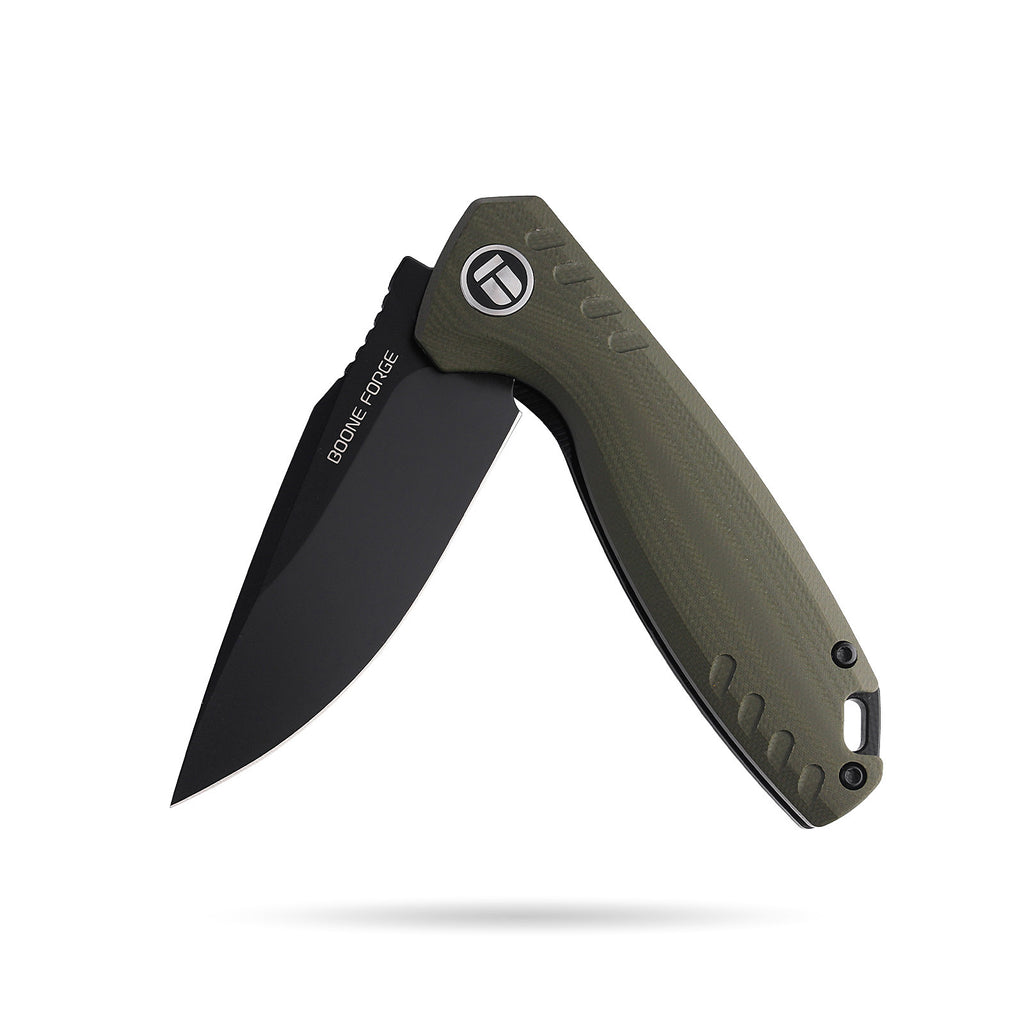 BOONEFORGE Nightvein Premium EDC Flipper knife (3.39'' Black Titanium Plated 14C28N Blade & Army green G10 Handle) - BF011