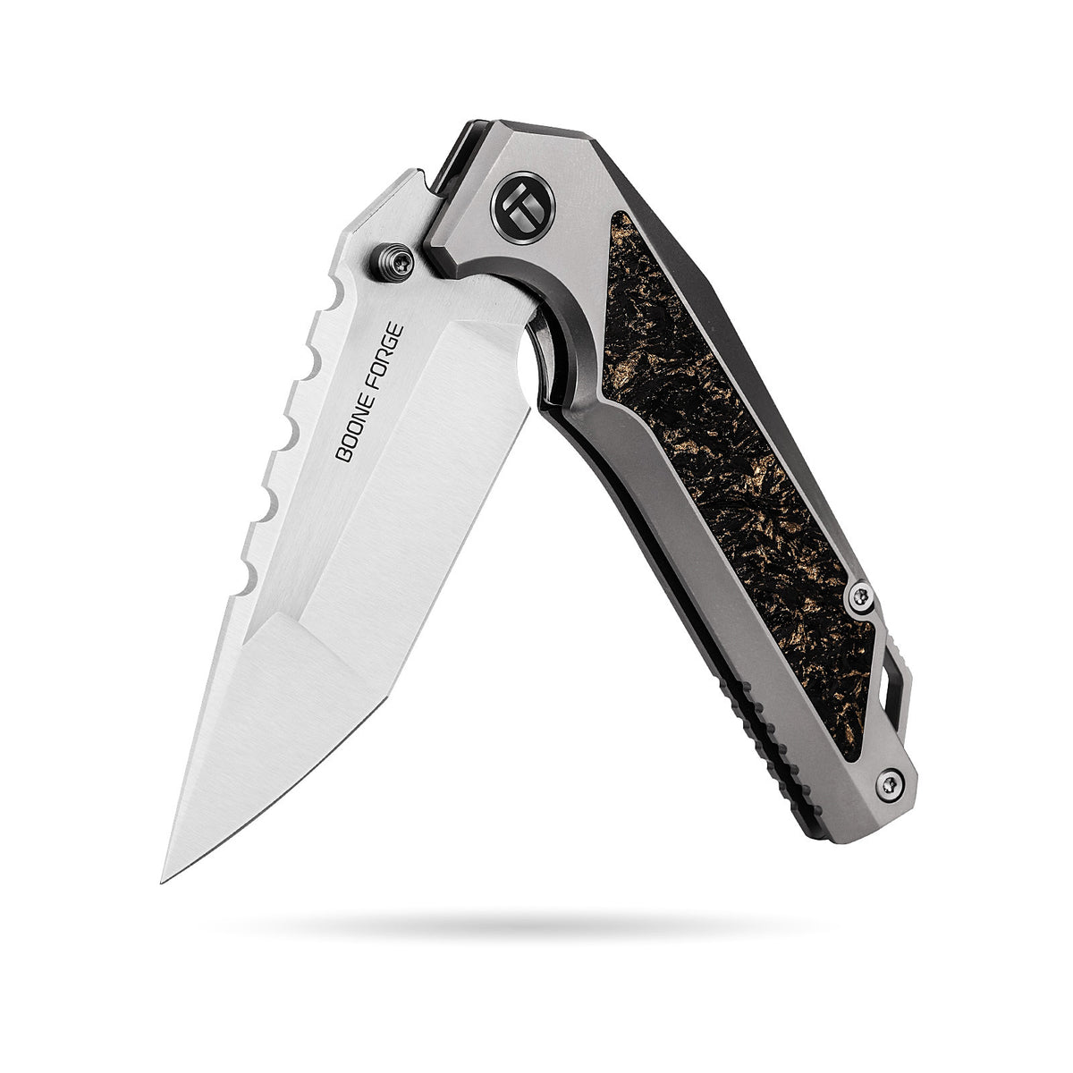 [PRE‑ORDER]BOONEFORGE Hellfire Premium EDC Fliper & Thumb Stud knife( 3.7'' Satin M390 Blade & Grey TC4 Titanium/Carbon Fiber Handle ) - BF055