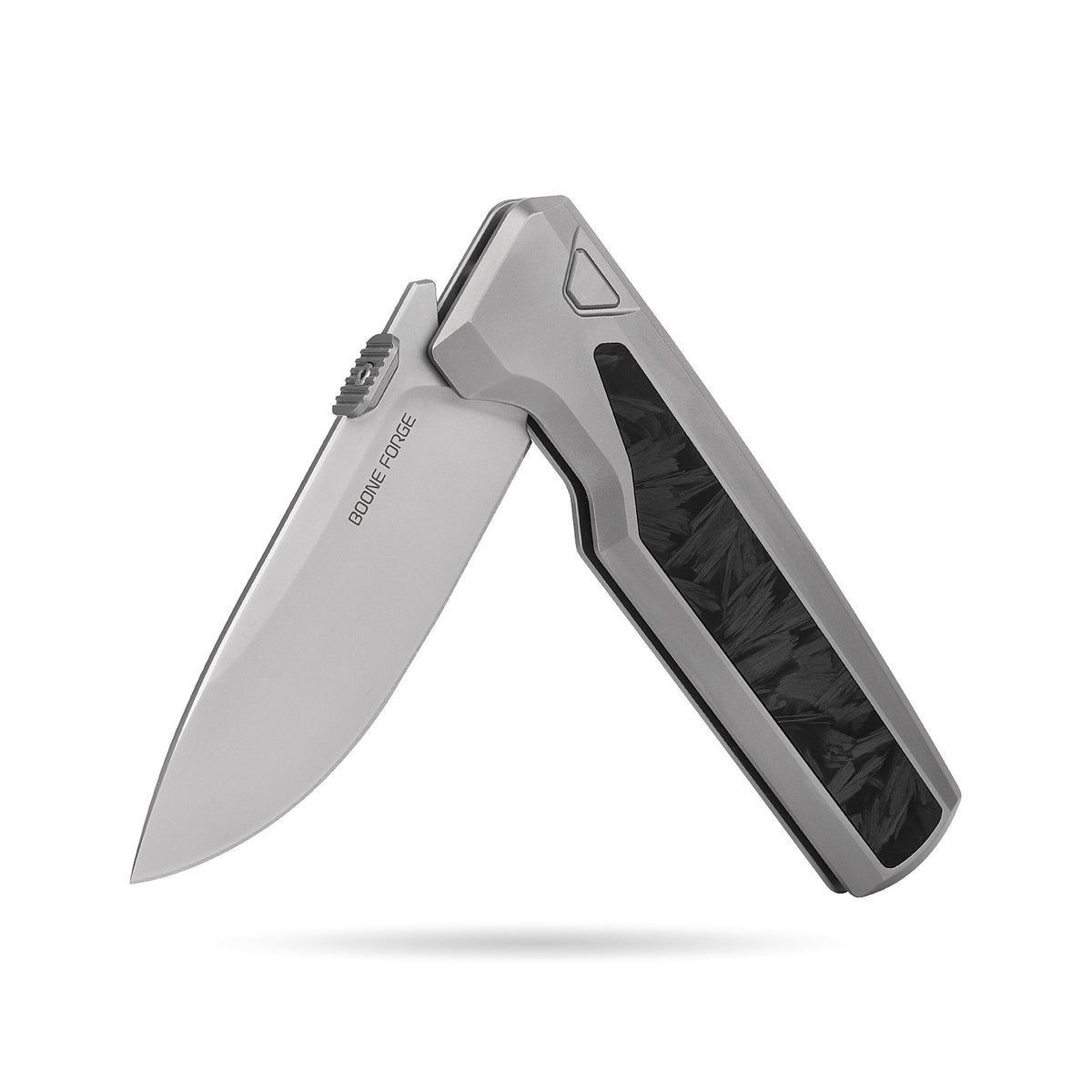 [PRE‑ORDER]BOONEFORGE Mountainfang Premium EDC Button lock & Thumb stud knife  ( 3.31" Bead Blasted M390 Blade & Grey TC4 Titanium/Carbon Fiber Handle) - BF004