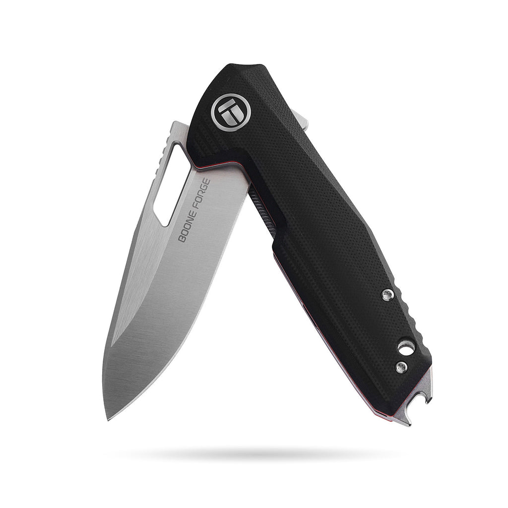 BOONEFORGE Berserker Premium EDC Flipper & Thumb hole knife( 3.07'' Satin 14C28N Blade & Black G10 Handle ) - BF072